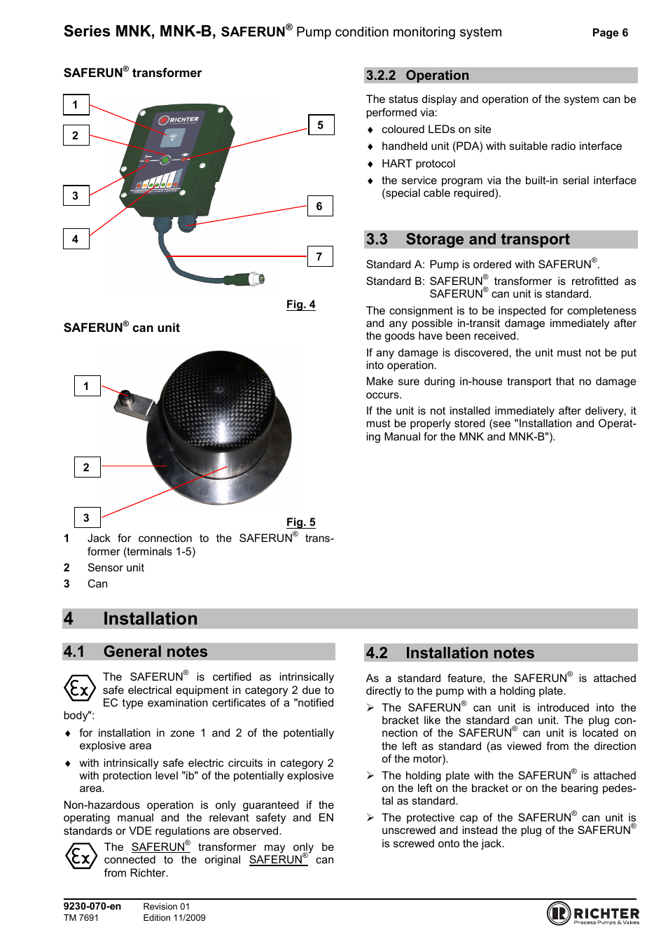 2 operation, 3 storage and transport, 4 installation | 1 general notes, 2 installation notes, Operation, Storage and transport, General notes, Installation notes, 4installation | Richter SAFERUN User Manual | Page 6 / 18