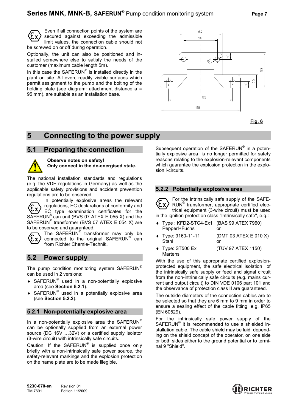 5 connecting to the power supply, 1 preparing the connection, 2 power supply | 1 non-potentially explosive area, 2 potentially explosive area, Preparing the connection, Power supply, Non-potentially explosive area, Potentially explosive area, 5connecting to the power supply | Richter SAFERUN User Manual | Page 7 / 18