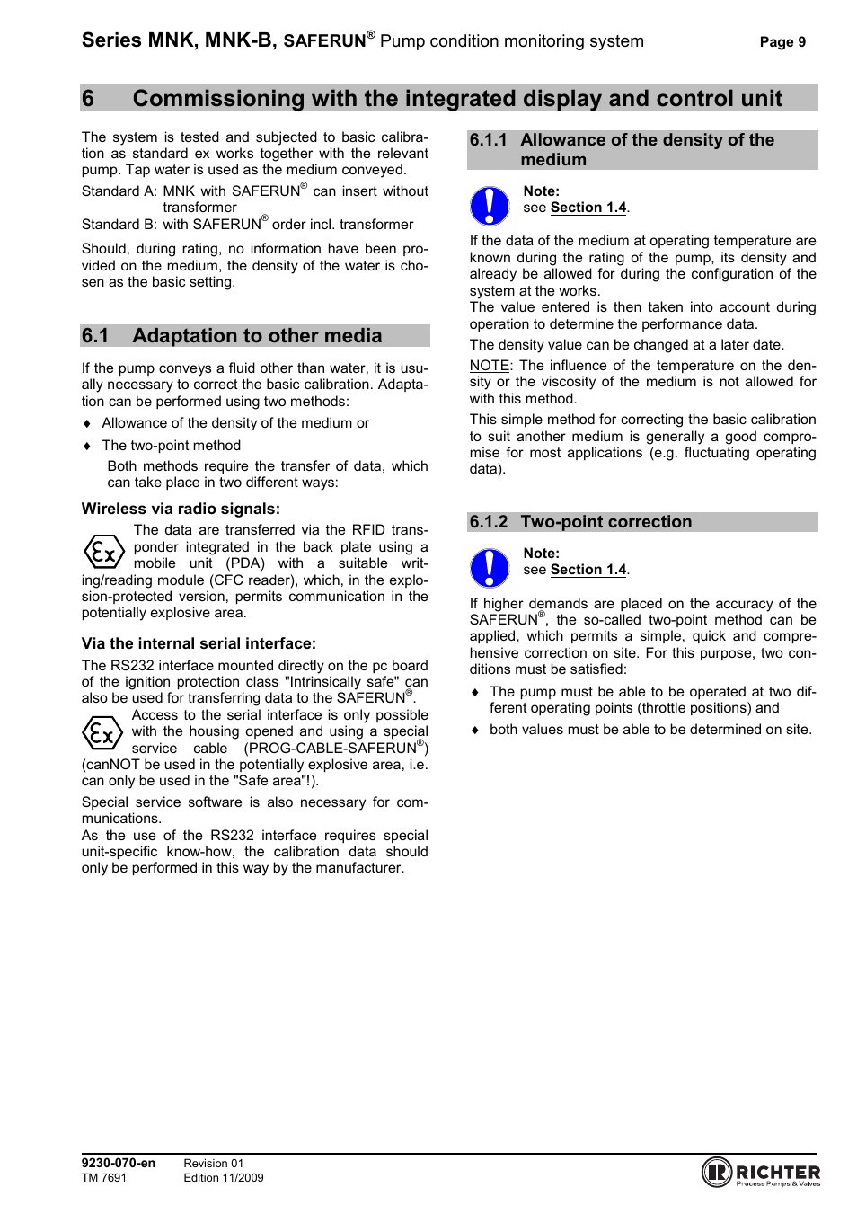 1 adaptation to other media, 1 allowance of the density of the medium, 2 two-point correction | Display and control unit, Adaptation to other media, Allowance of the density of the medium, Two-point correction, Series mnk, mnk-b, Saferun, Pump condition monitoring system | Richter SAFERUN User Manual | Page 9 / 18