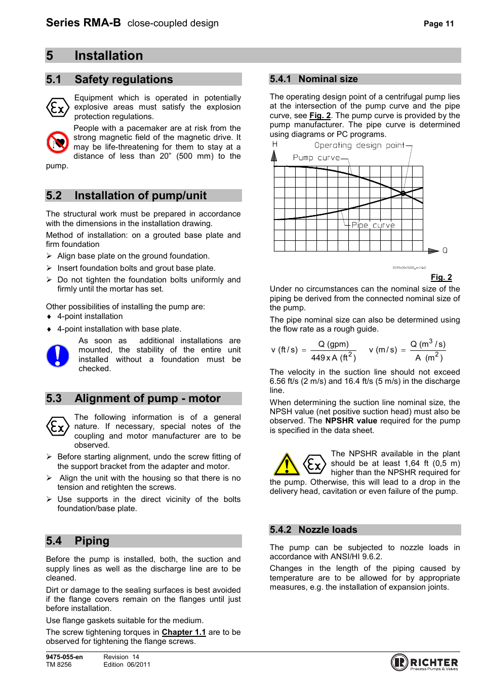 5 installation, 1 safety regulations, 2 installation of pump/unit | 3 alignment of pump - motor, 4 piping, 1 nominal size, 2 nozzle loads, Safety regulations, Installation of pump/unit, Alignment of pump - motor | Richter RMA-B Series (ASME) User Manual | Page 11 / 30