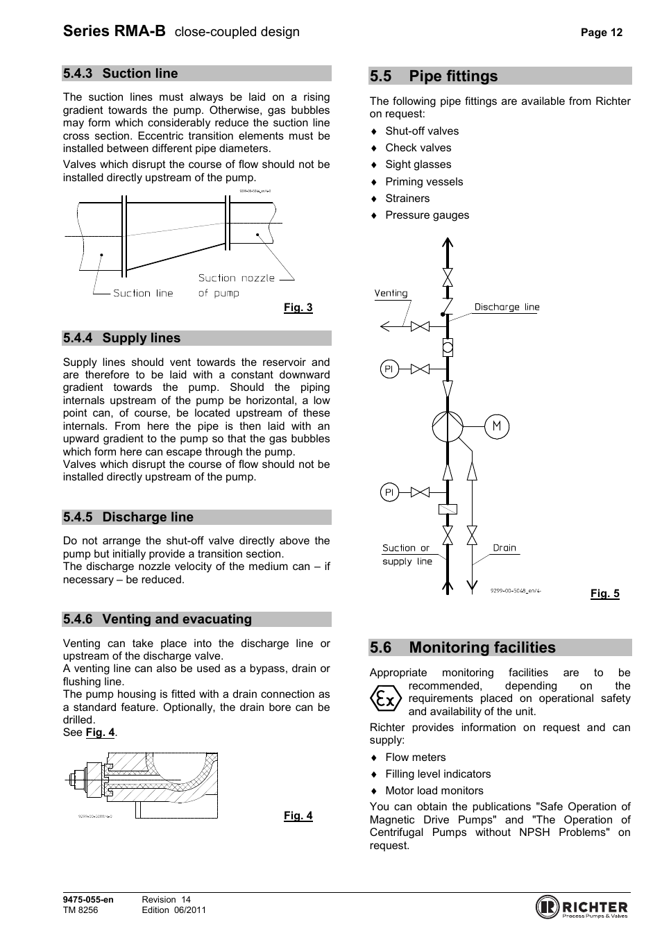 3 suction line, 4 supply lines, 5 discharge line | 6 venting and evacuating, 5 pipe fittings, 6 monitoring facilities, Suction line, Supply lines, Discharge line, Venting and evacuating | Richter RMA-B Series (ASME) User Manual | Page 12 / 30