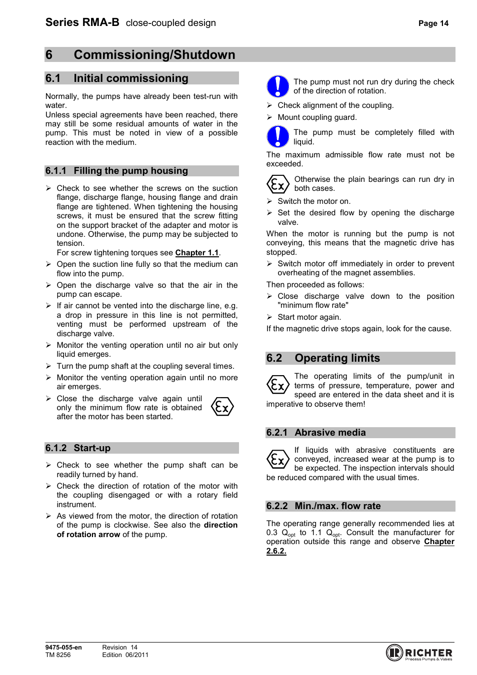 6 commissioning/shutdown, 1 initial commissioning, 1 filling the pump housing | 2 start-up, 2 operating limits, 1 abrasive media, 2 min./max. flow rate, Initial commissioning, Filling the pump housing, Start-up | Richter RMA-B Series (ASME) User Manual | Page 14 / 30