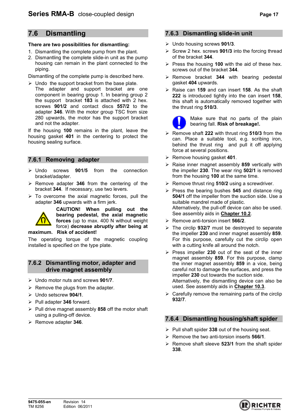 6 dismantling, 1 removing adapter, 3 dismantling slide-in unit | 4 dismantling housing/shaft spider, Dismantling, Removing adapter, Assembly, Dismantling slide-in unit, Dismantling housing/shaft spider, Series rma-b | Richter RMA-B Series (ASME) User Manual | Page 17 / 30