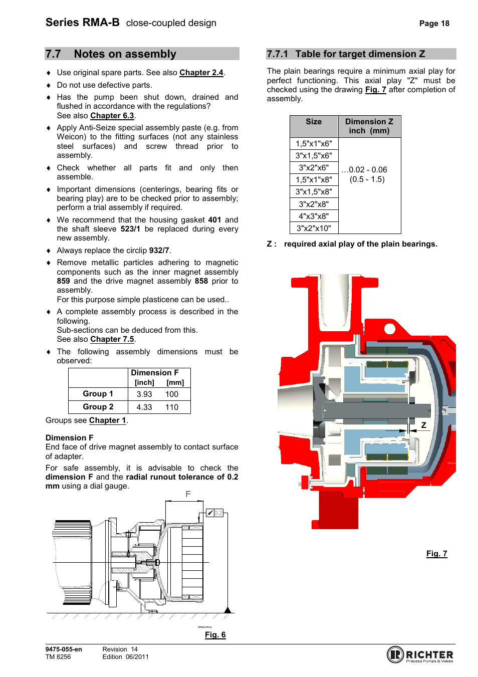 7 notes on assembly, 1 table for target dimension z, Notes on assembly | Table for target dimension z, Series rma-b, Close-coupled design | Richter RMA-B Series (ASME) User Manual | Page 18 / 30