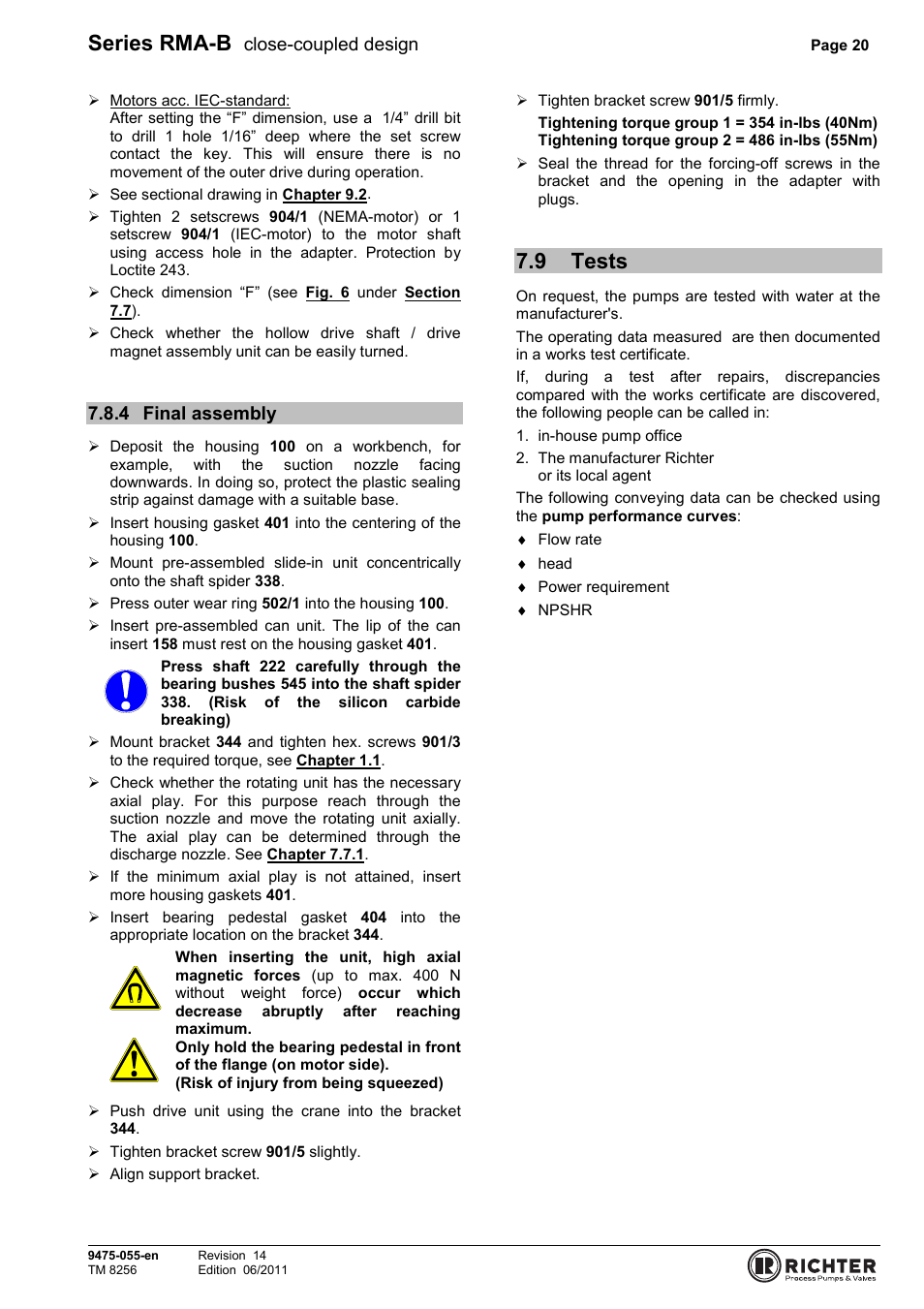 4 final assembly, 9 tests, Final assembly | Tests, Series rma-b, Close-coupled design | Richter RMA-B Series (ASME) User Manual | Page 20 / 30