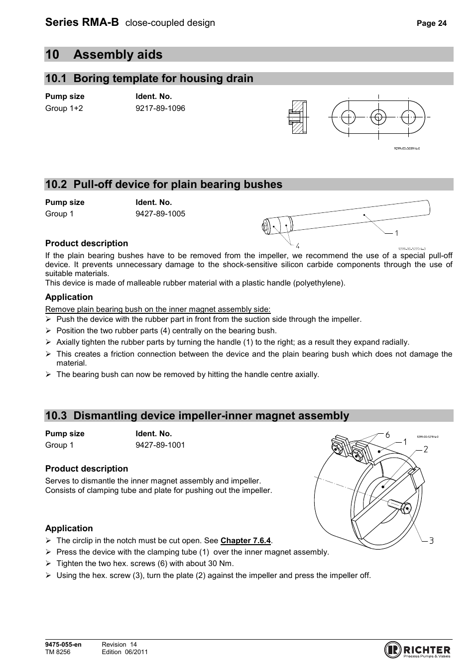 10 assembly aids, 1 boring template for housing drain, 2 pull-off device for plain bearing bushes | Assembly aids, Boring template for housing drain, Pull-off device for plain bearing bushes, Assembly, Series rma-b | Richter RMA-B Series (ASME) User Manual | Page 24 / 30