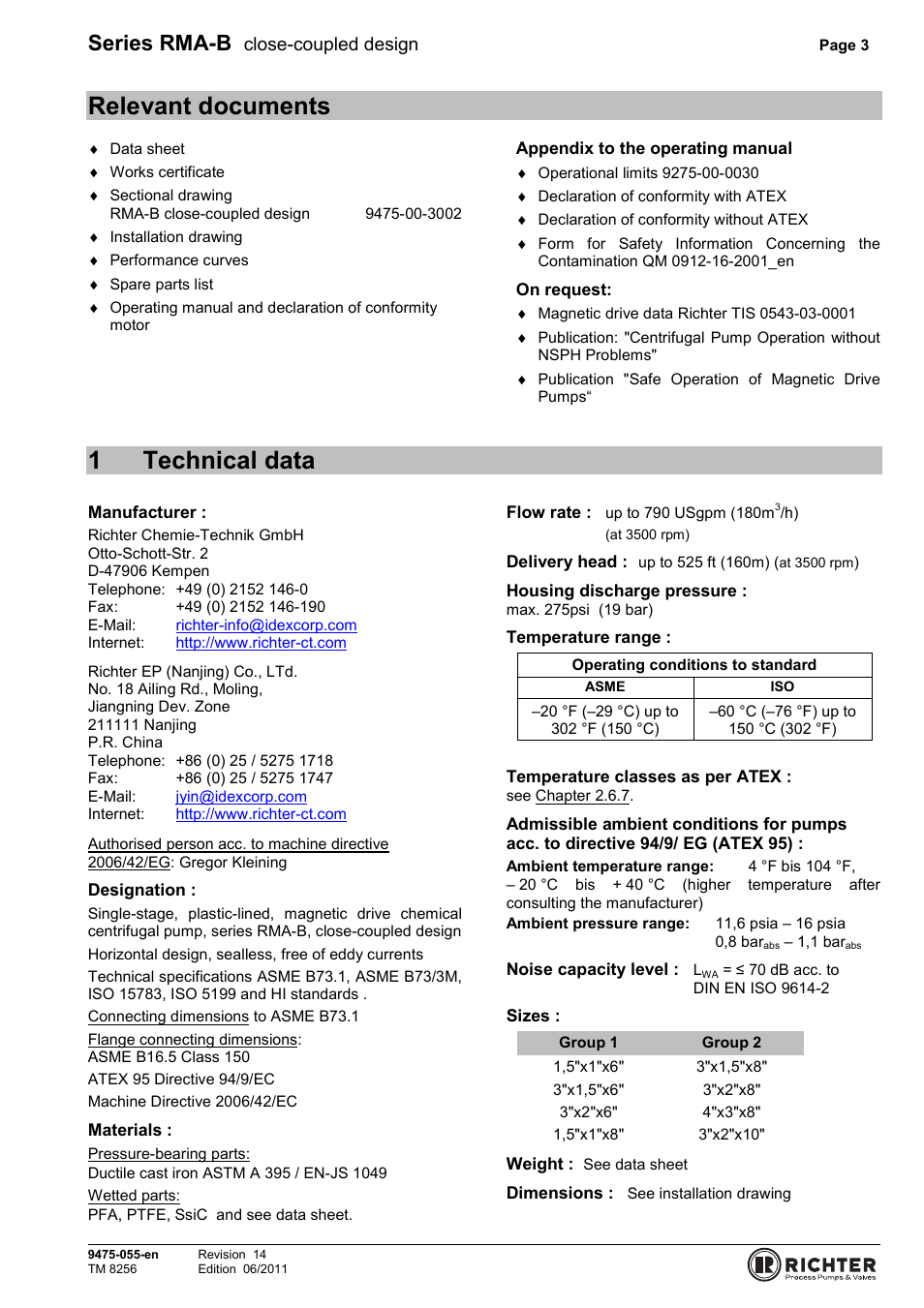 Relevant documents, 1 technical data, 1technical data | Series rma-b, Close-coupled design | Richter RMA-B Series (ASME) User Manual | Page 3 / 30