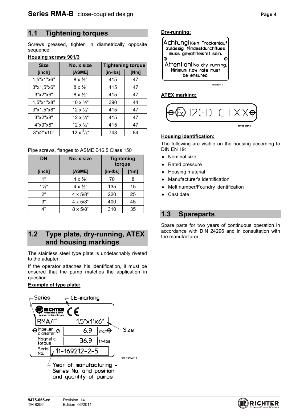 1 tightening torques, 3 spareparts, Tightening torques | Markings, Spareparts, Series rma-b, Close-coupled design | Richter RMA-B Series (ASME) User Manual | Page 4 / 30