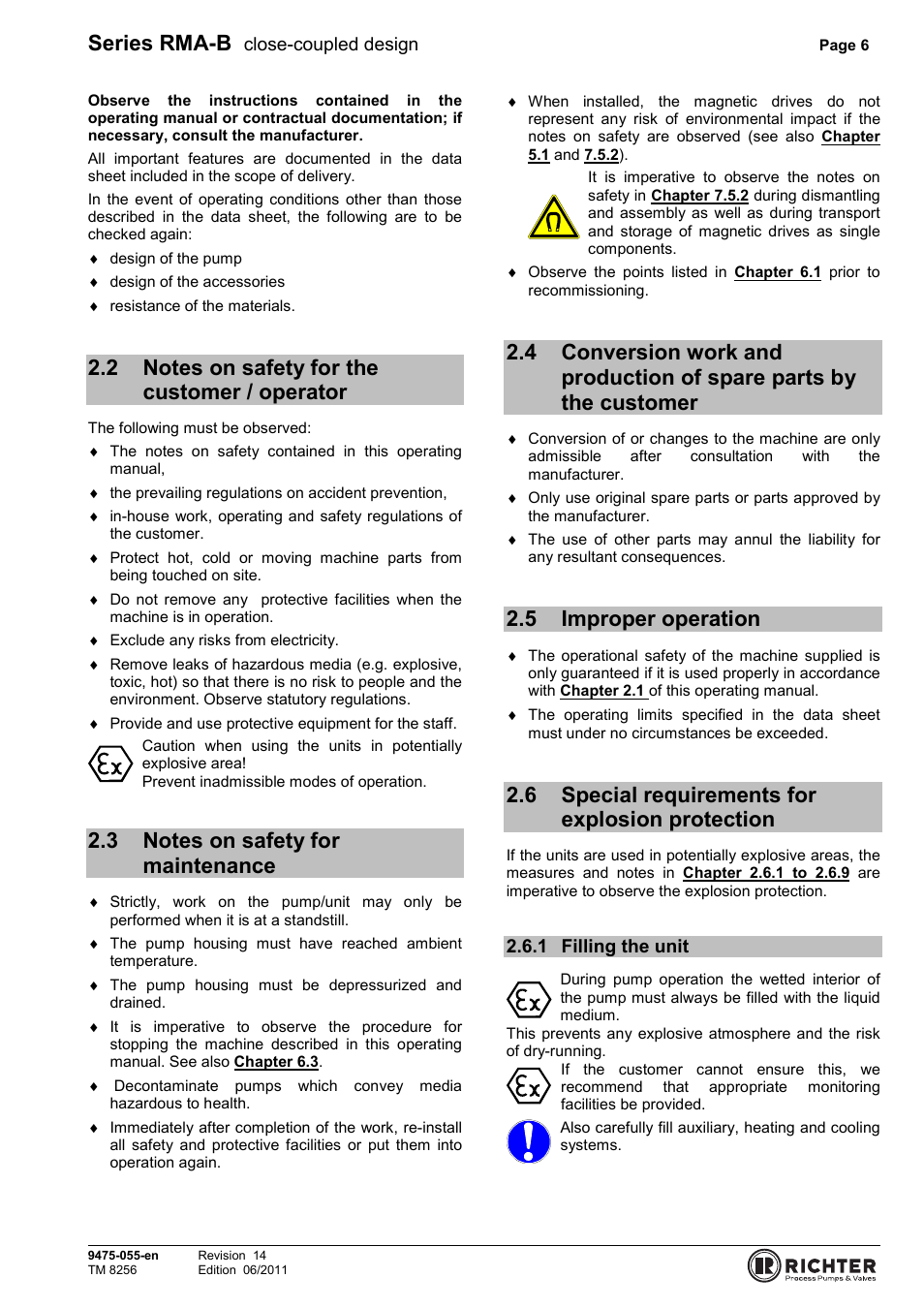 2 notes on safety for the customer / operator, 3 notes on safety for maintenance, 5 improper operation | 6 special requirements for explosion protection, 1 filling the unit, Notes on safety for the customer / operator 6, Notes on safety for maintenance, Parts by the customer, Improper operation, Filling the unit | Richter RMA-B Series (ASME) User Manual | Page 6 / 30