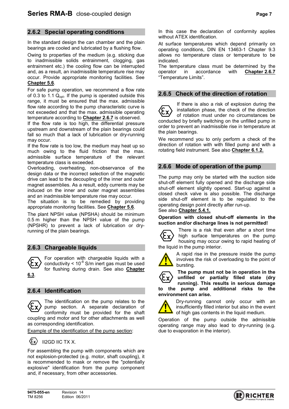 2 special operating conditions, 3 chargeable liquids, 4 identification | 5 check of the direction of rotation, 6 mode of operation of the pump, Special operating conditions, Chargeable liquids, Identification, Check of the direction of rotation, Mode of operation of the pump | Richter RMA-B Series (ASME) User Manual | Page 7 / 30