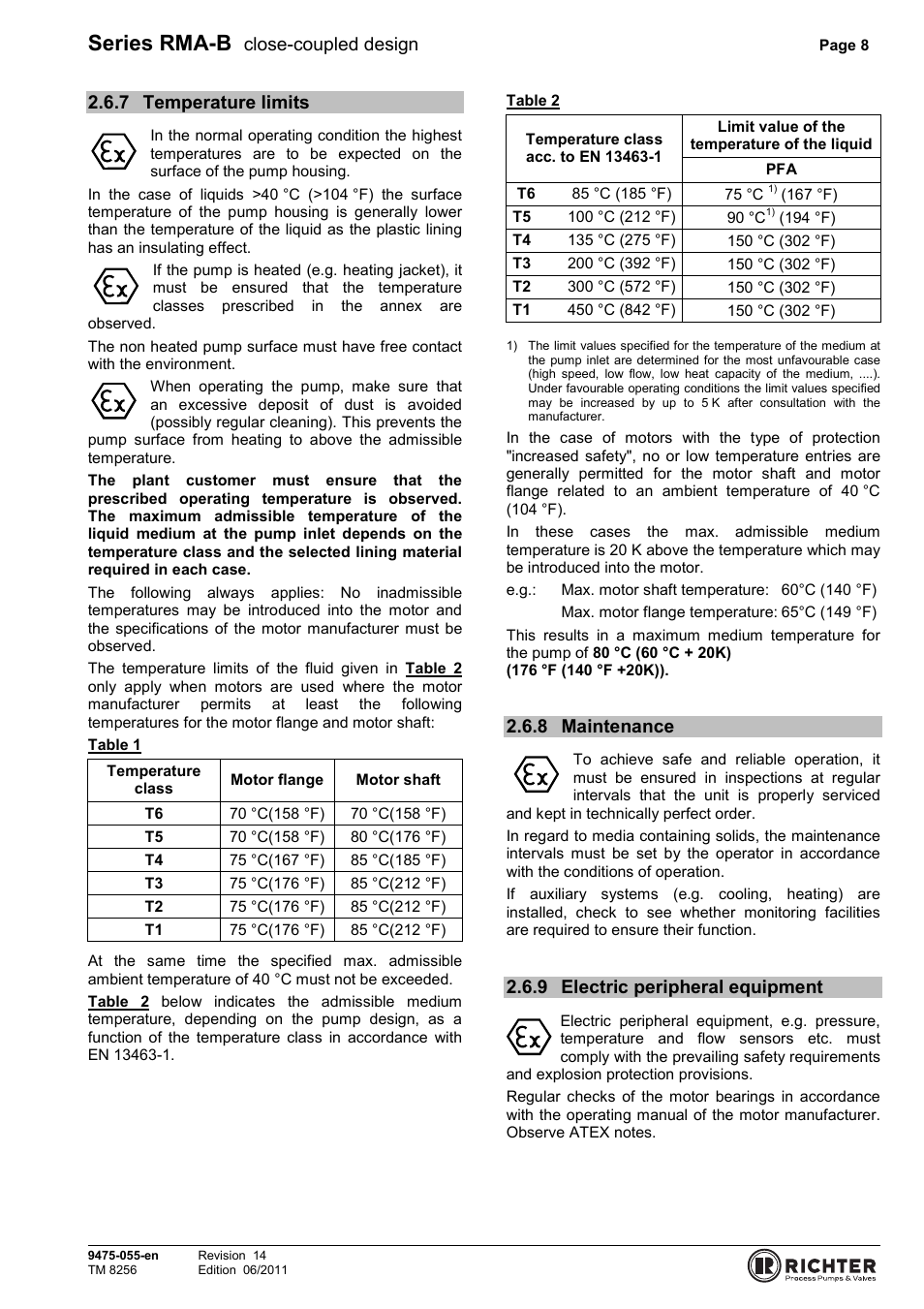 7 temperature limits, 8 maintenance, 9 electric peripheral equipment | Temperature limits, Maintenance, Electric peripheral equipment, Series rma-b, Close-coupled design | Richter RMA-B Series (ASME) User Manual | Page 8 / 30