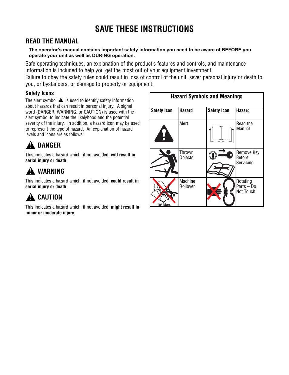 Save these instructions, Read the manual, Danger | Warning, Caution | Briggs & Stratton 1695354 User Manual | Page 2 / 18