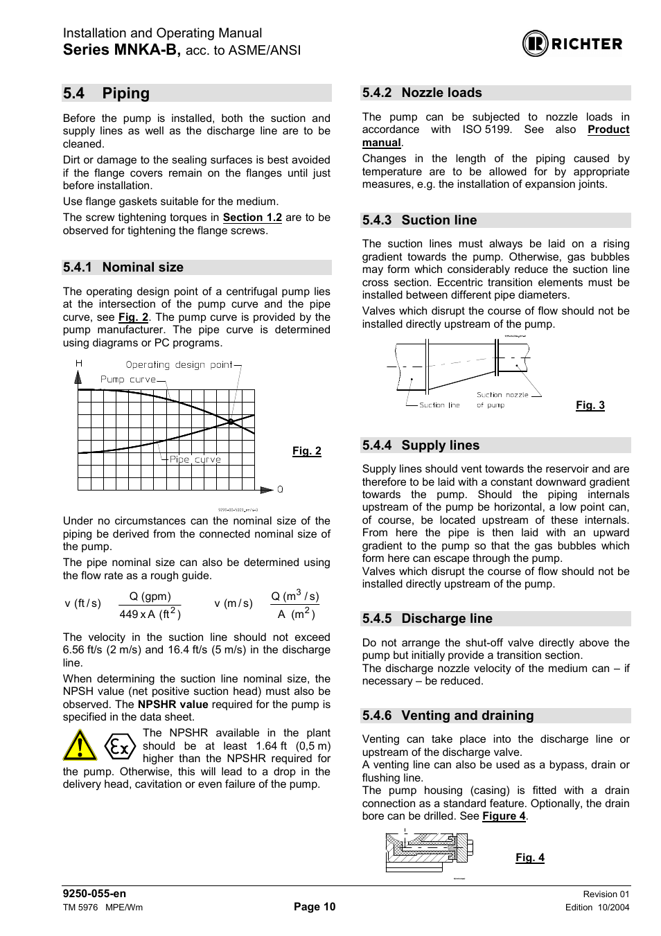 4 piping, 1 nominal size, 2 nozzle loads | 3 suction line, 4 supply lines, 5 discharge line, 6 venting and draining, Piping, Nominal size, Nozzle loads | Richter MNKA-B Series (ASME) User Manual | Page 10 / 21