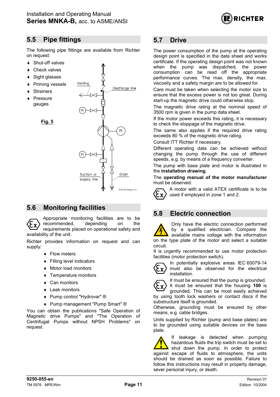 5 pipe fittings, 6 monitoring facilities, 7 drive | 8 electric connection, Pipe fittings, Monitoring facilities, Drive, Electric connection, Series mnka-b | Richter MNKA-B Series (ASME) User Manual | Page 11 / 21