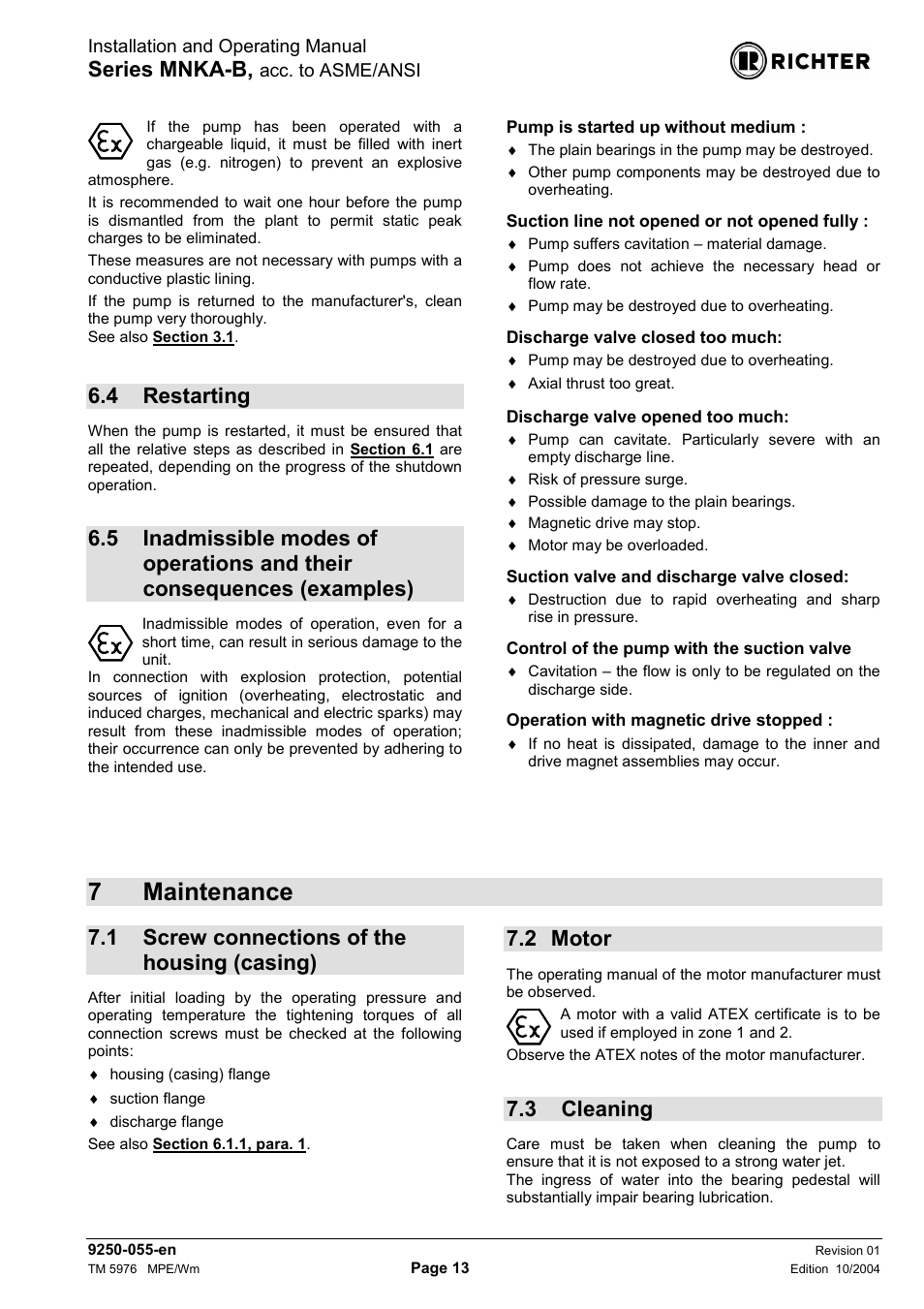 4 restarting, 7 maintenance, 1 screw connections of the housing (casing) | 2 motor, 3 cleaning, Restarting, Consequences (examples), Screw connections of the housing (casing), Motor, Cleaning | Richter MNKA-B Series (ASME) User Manual | Page 13 / 21