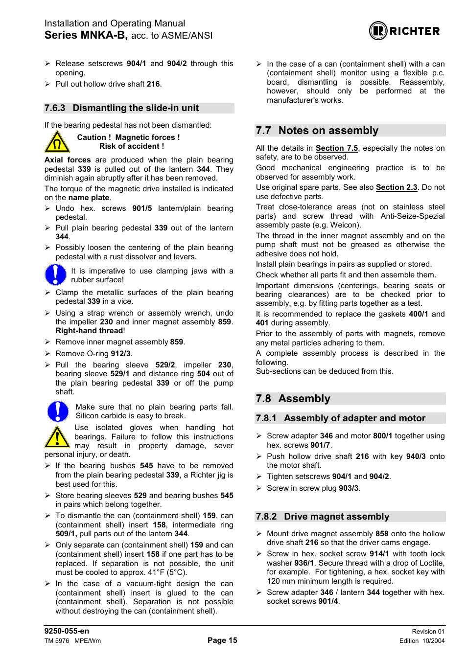 3 dismantling the slide-in unit, 7 notes on assembly, 8 assembly | 1 assembly of adapter and motor, 2 drive magnet assembly, Dismantling the slide-in unit, Notes on assembly, Assembly, Assembly of adapter and motor, Drive magnet assembly | Richter MNKA-B Series (ASME) User Manual | Page 15 / 21