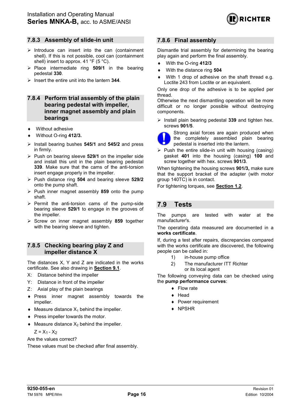 3 assembly of slide-in unit, 5 checking bearing play z and impeller distance x, 6 final assembly | 9 tests, Assembly of slide-in unit, Bearings, Checking bearing play z and impeller distance x16, Final assembly, Tests, Series mnka-b | Richter MNKA-B Series (ASME) User Manual | Page 16 / 21