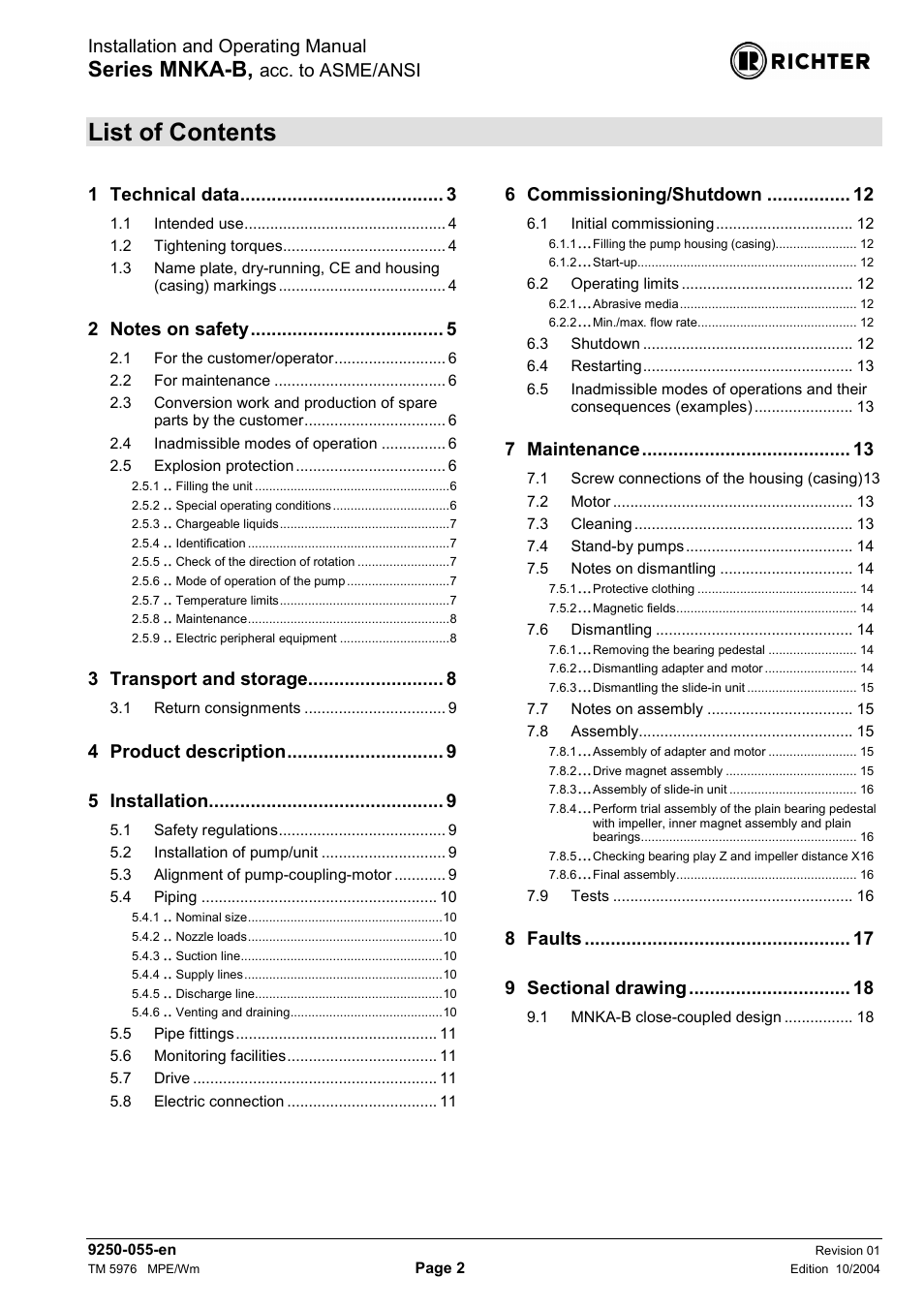 List of contents, Series mnka-b | Richter MNKA-B Series (ASME) User Manual | Page 2 / 21