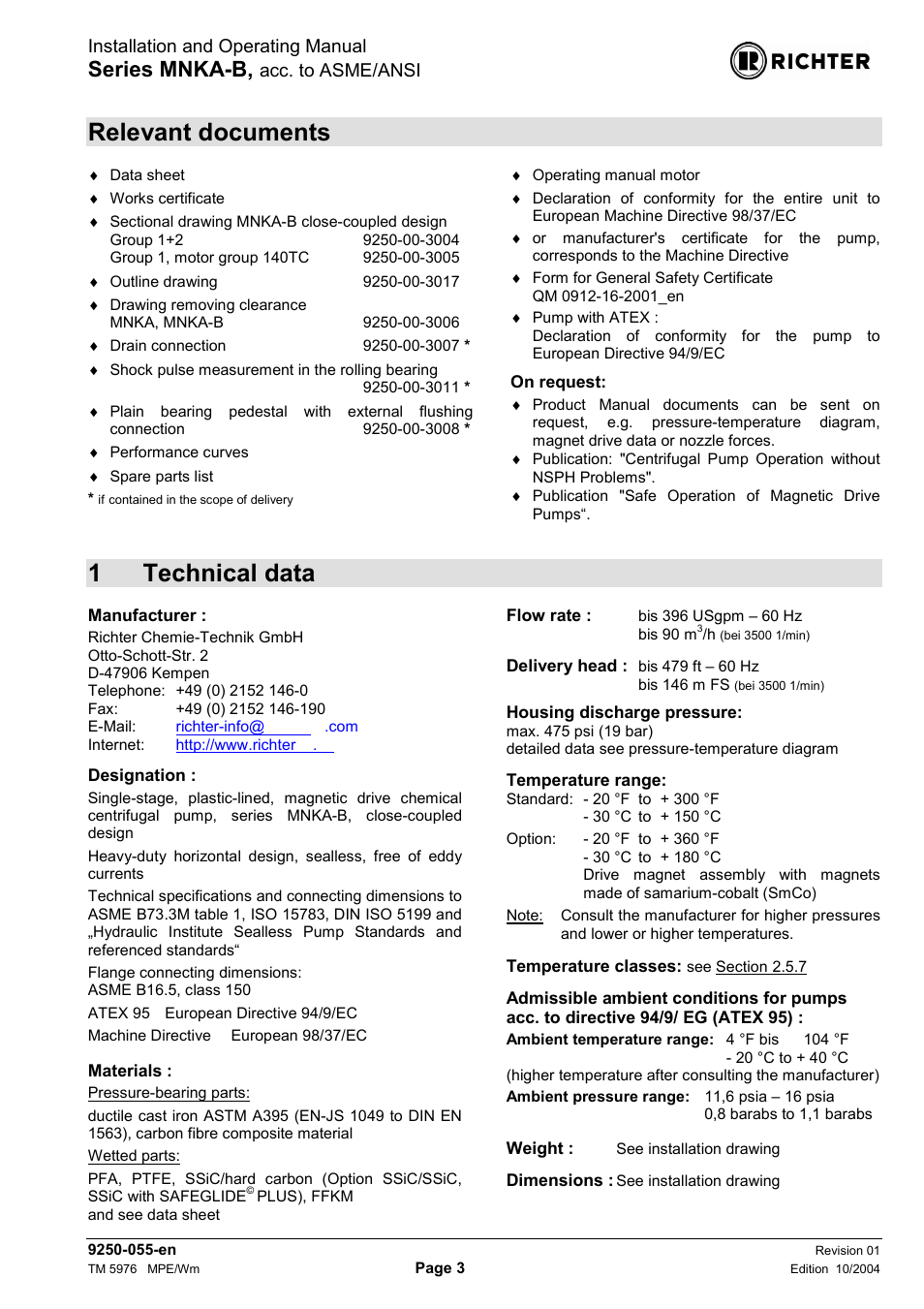 Relevant documents, 1 technical data, 1technical data | Series mnka-b | Richter MNKA-B Series (ASME) User Manual | Page 3 / 21