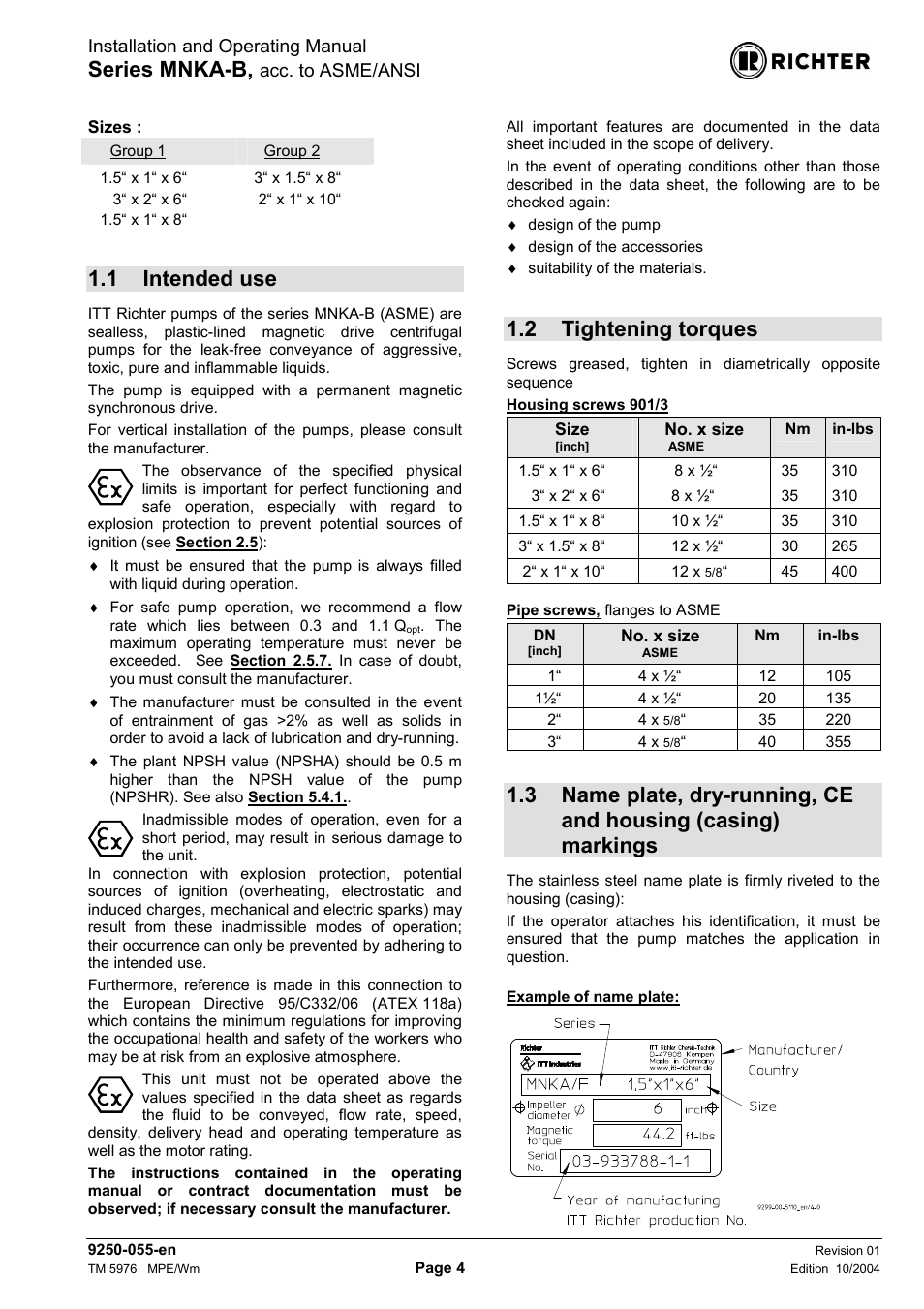 1 intended use, 2 tightening torques, Intended use | Tightening torques, Casing) markings, Series mnka-b, Installation and operating manual, Acc. to asme/ansi | Richter MNKA-B Series (ASME) User Manual | Page 4 / 21