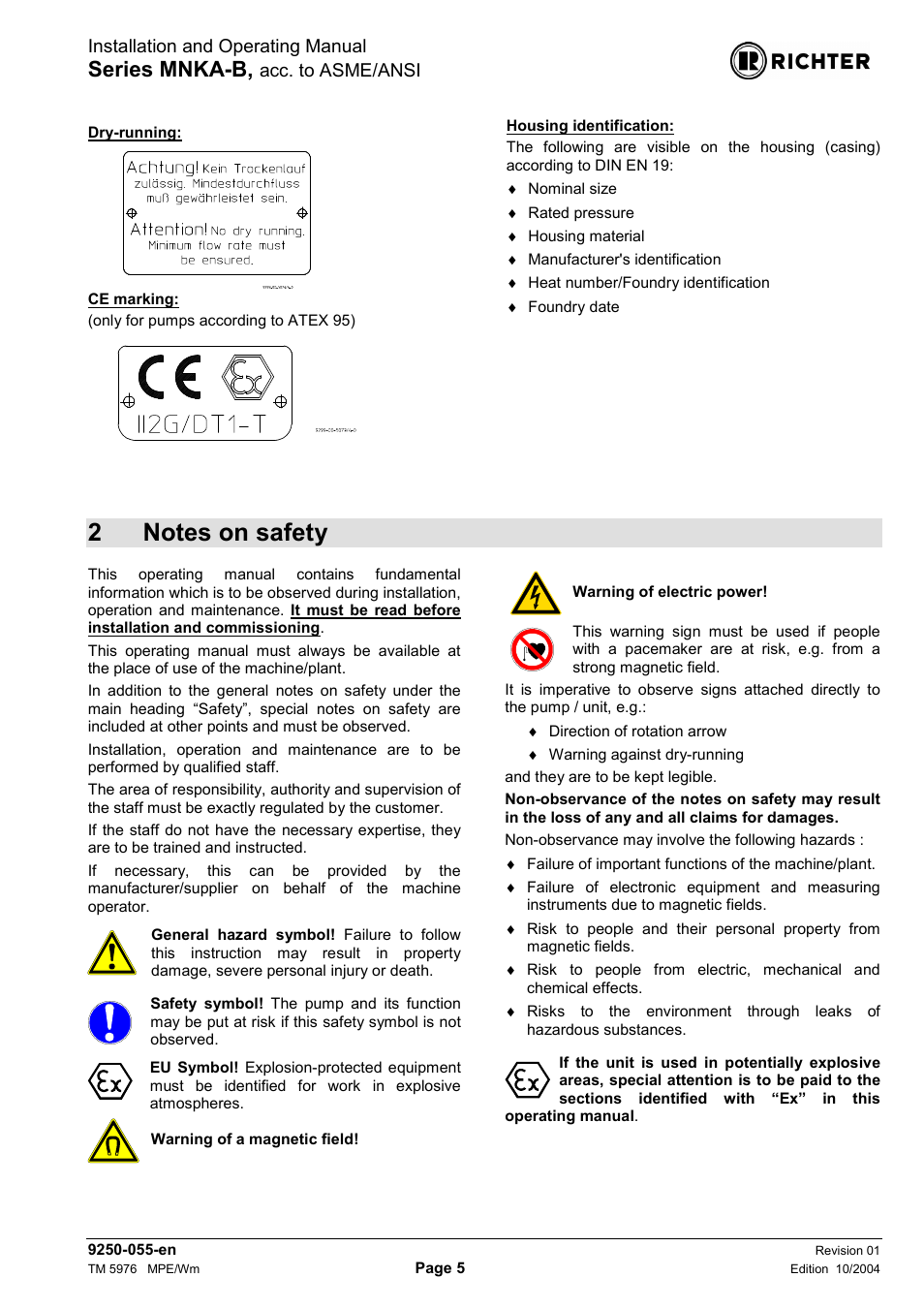 2 notes on safety, Series mnka-b, Installation and operating manual | Acc. to asme/ansi | Richter MNKA-B Series (ASME) User Manual | Page 5 / 21