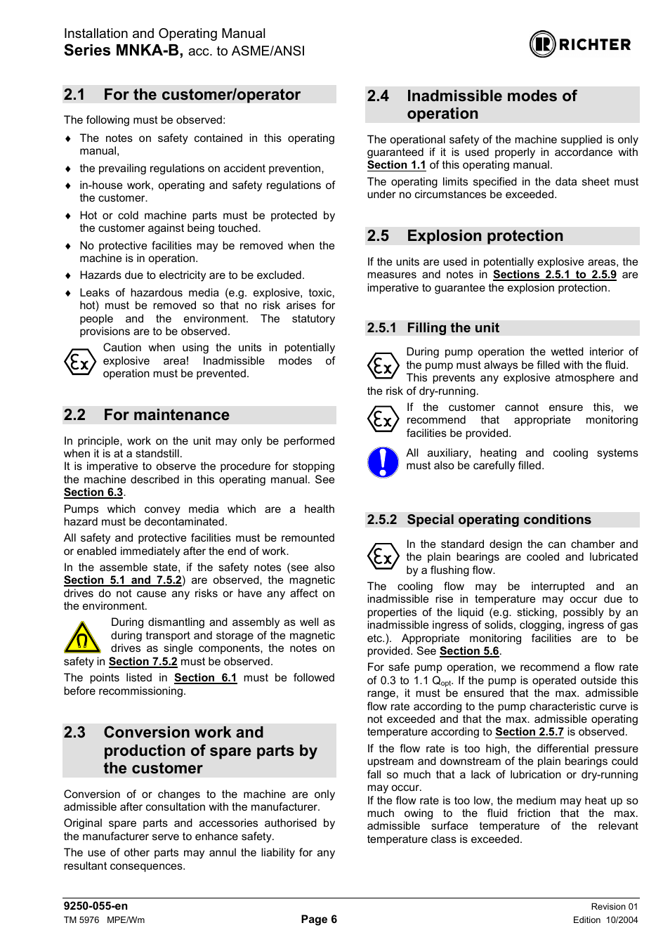 1 for the customer/operator, 2 for maintenance, 4 inadmissible modes of operation | 5 explosion protection, 1 filling the unit, 2 special operating conditions, For the customer/operator, For maintenance, Parts by the customer, Inadmissible modes of operation | Richter MNKA-B Series (ASME) User Manual | Page 6 / 21