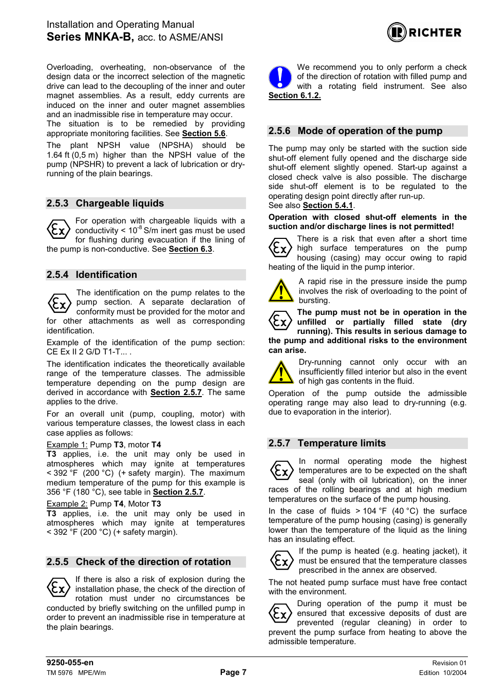 3 chargeable liquids, 4 identification, 5 check of the direction of rotation | 6 mode of operation of the pump, 7 temperature limits, Chargeable liquids, Identification, Check of the direction of rotation, Mode of operation of the pump, Temperature limits | Richter MNKA-B Series (ASME) User Manual | Page 7 / 21