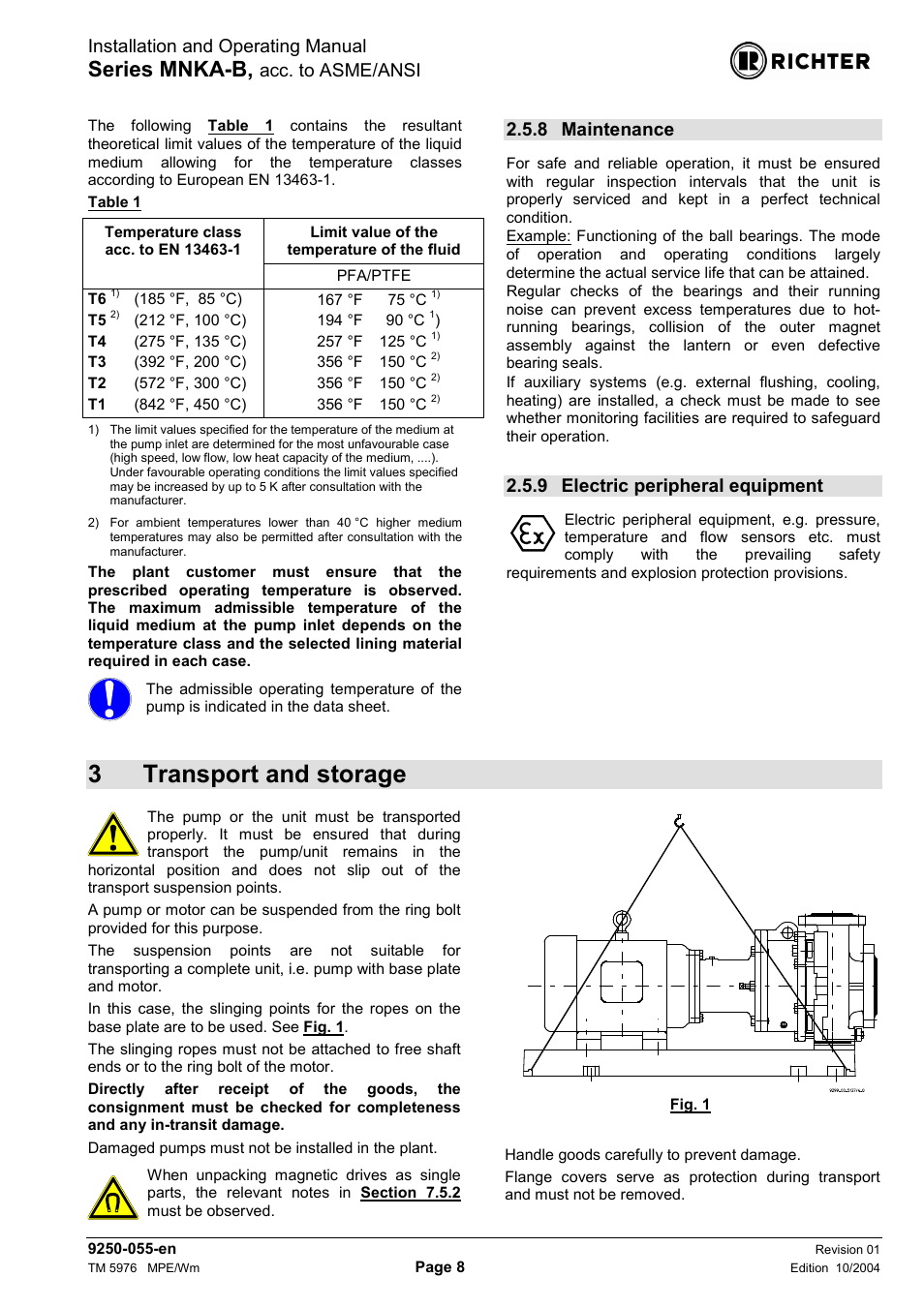 8 maintenance, 9 electric peripheral equipment, 3 transport and storage | Maintenance, Electric peripheral equipment, 3transport and storage, Series mnka-b, Installation and operating manual, Acc. to asme/ansi | Richter MNKA-B Series (ASME) User Manual | Page 8 / 21