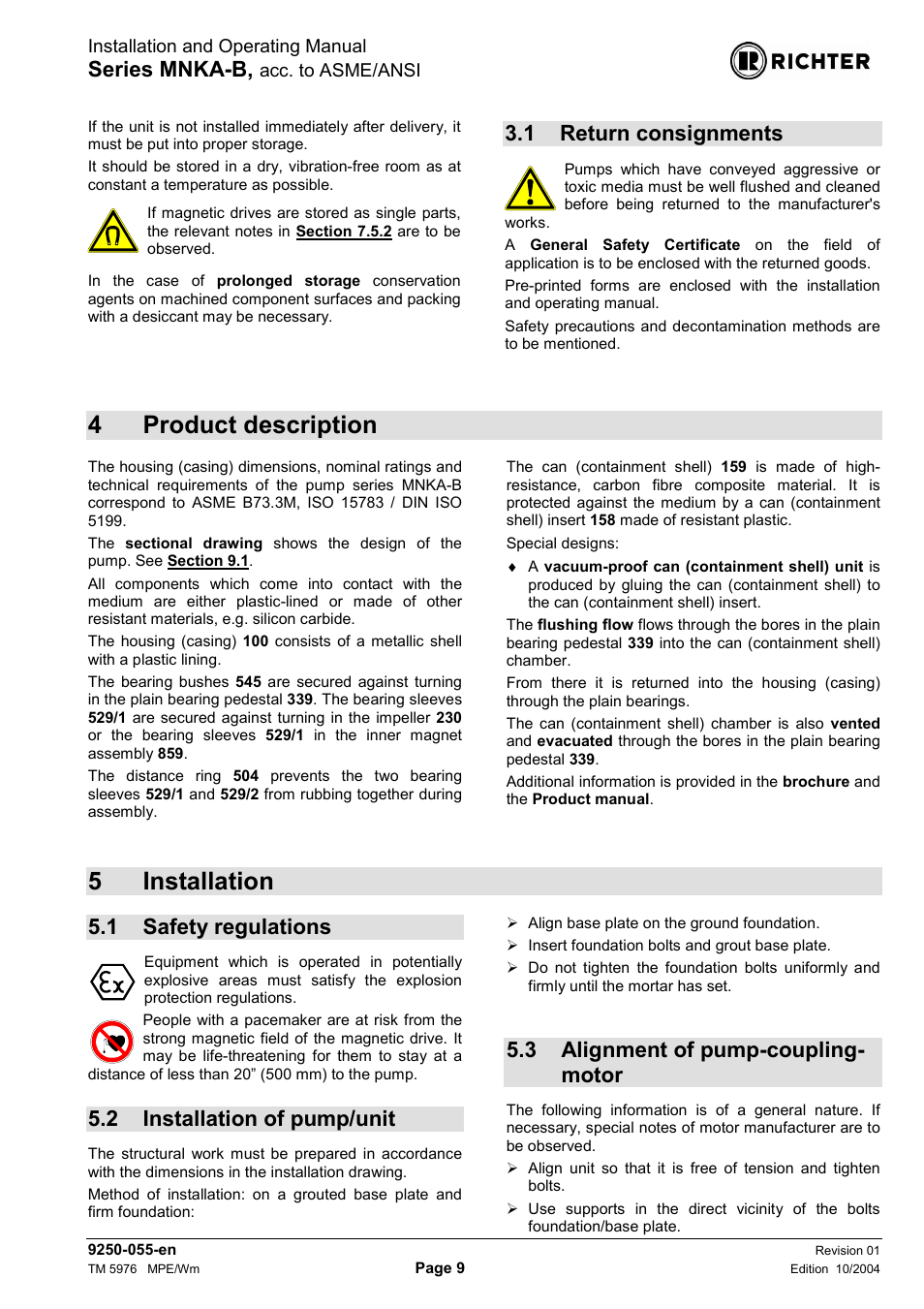 1 return consignments, 4 product description, 5 installation | 1 safety regulations, 2 installation of pump/unit, 3 alignment of pump-coupling-motor, Return consignments, Safety regulations, Installation of pump/unit, Alignment of pump-coupling-motor | Richter MNKA-B Series (ASME) User Manual | Page 9 / 21