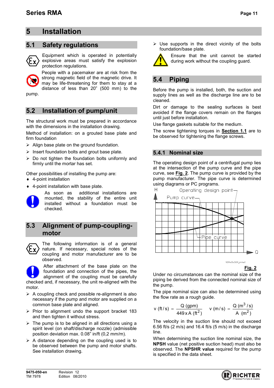 5 installation, 1 safety regulations, 2 installation of pump/unit | 3 alignment of pump-coupling-motor, 4 piping, 1 nominal size, Safety regulations, Installation of pump/unit, Alignment of pump-coupling-motor, Piping | Richter RMA Series User Manual | Page 11 / 32