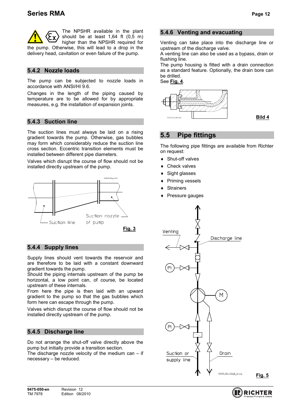 2 nozzle loads, 3 suction line, 4 supply lines | 5 discharge line, 6 venting and evacuating, 5 pipe fittings, Nozzle loads, Suction line, Supply lines, Discharge line | Richter RMA Series User Manual | Page 12 / 32