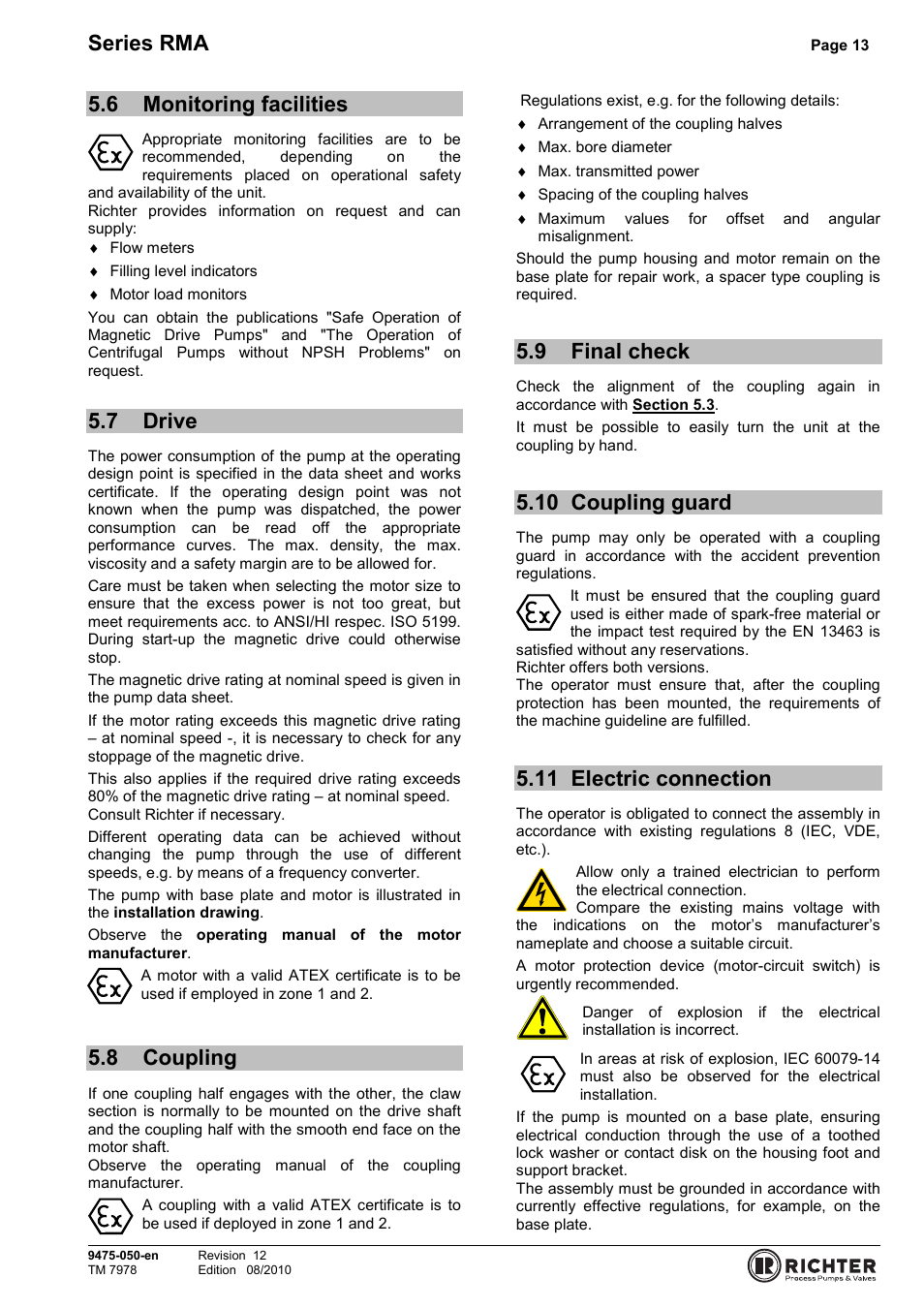 6 monitoring facilities, 7 drive, 8 coupling | 9 final check, 10 coupling guard, 11 electric connection, Monitoring facilities, Drive, Coupling, Final check | Richter RMA Series User Manual | Page 13 / 32