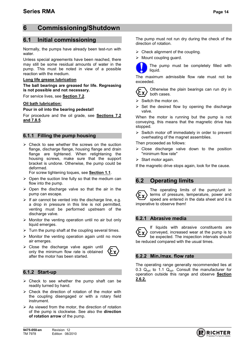 6 commissioning/shutdown, 1 initial commissioning, 1 filling the pump housing | 2 start-up, 2 operating limits, 1 abrasive media, 2 min./max. flow rate, Initial commissioning, Filling the pump housing, Start-up | Richter RMA Series User Manual | Page 14 / 32