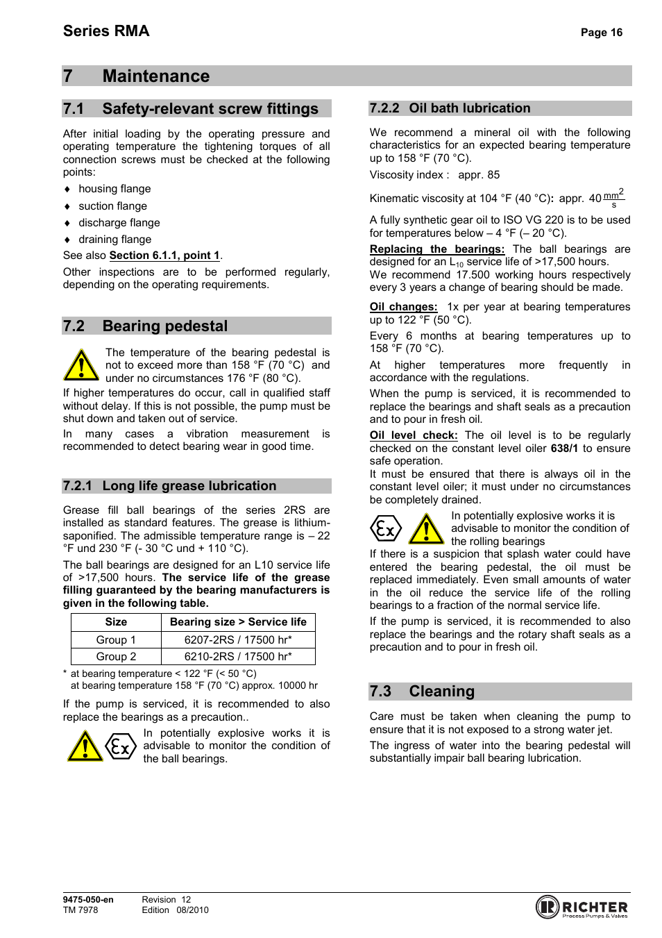 7 maintenance, 1 safety-relevant screw fittings, 2 bearing pedestal | 1 long life grease lubrication, 2 oil bath lubrication, 3 cleaning, Safety-relevant screw fittings, Bearing pedestal, Long life grease lubrication, Oil bath lubrication | Richter RMA Series User Manual | Page 16 / 32