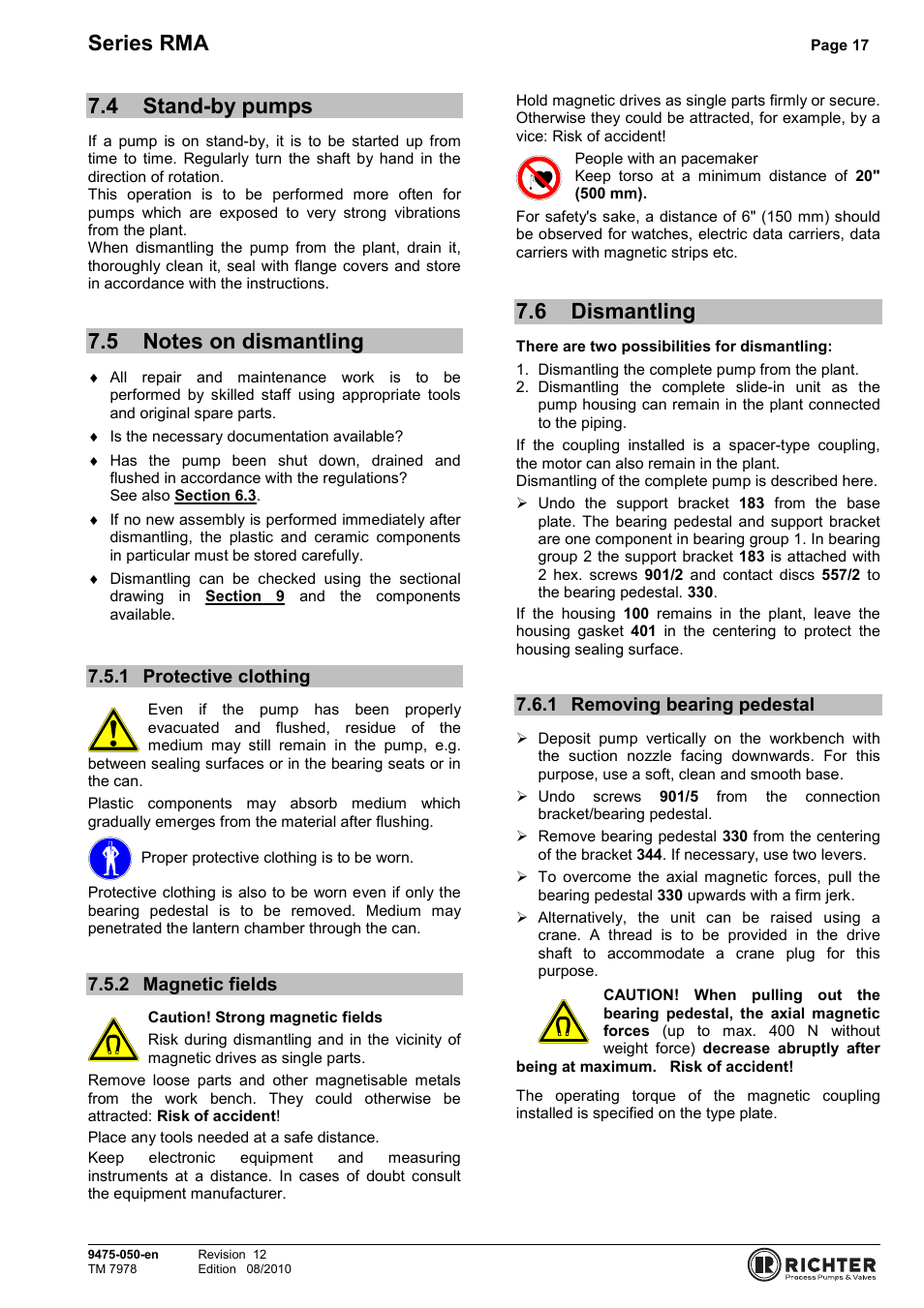 4 stand-by pumps, 5 notes on dismantling, 1 protective clothing | 2 magnetic fields, 6 dismantling, 1 removing bearing pedestal, Stand-by pumps, Notes on dismantling, Protective clothing, Magnetic fields | Richter RMA Series User Manual | Page 17 / 32