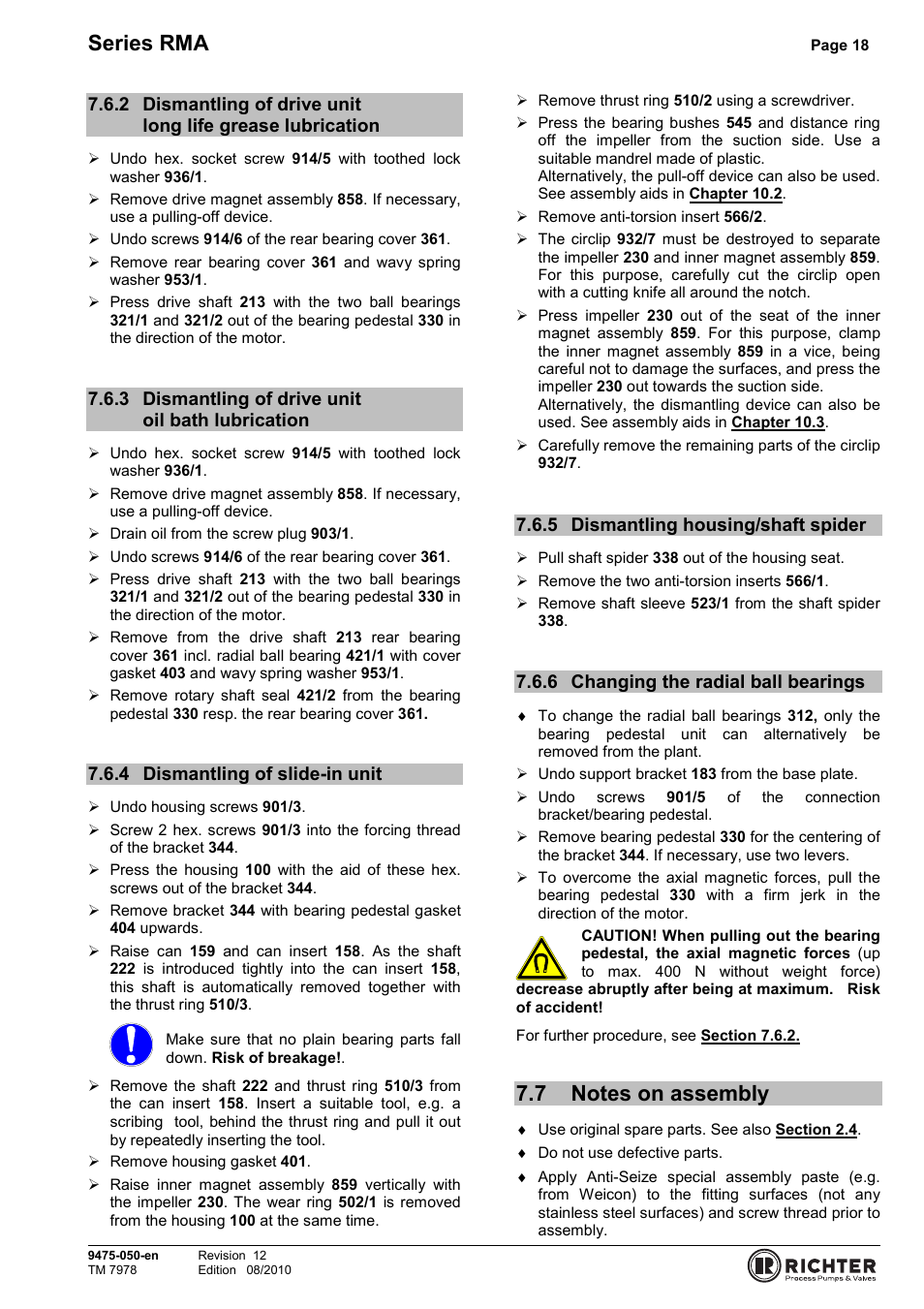 3 dismantling of drive unit oil bath lubrication, 4 dismantling of slide-in unit, 5 dismantling housing/shaft spider | 6 changing the radial ball bearings, 7 notes on assembly, Lubrication, Dismantling of drive unit oil bath lubrication 18, Dismantling of slide-in unit, Dismantling housing/shaft spider, Changing the radial ball bearings | Richter RMA Series User Manual | Page 18 / 32