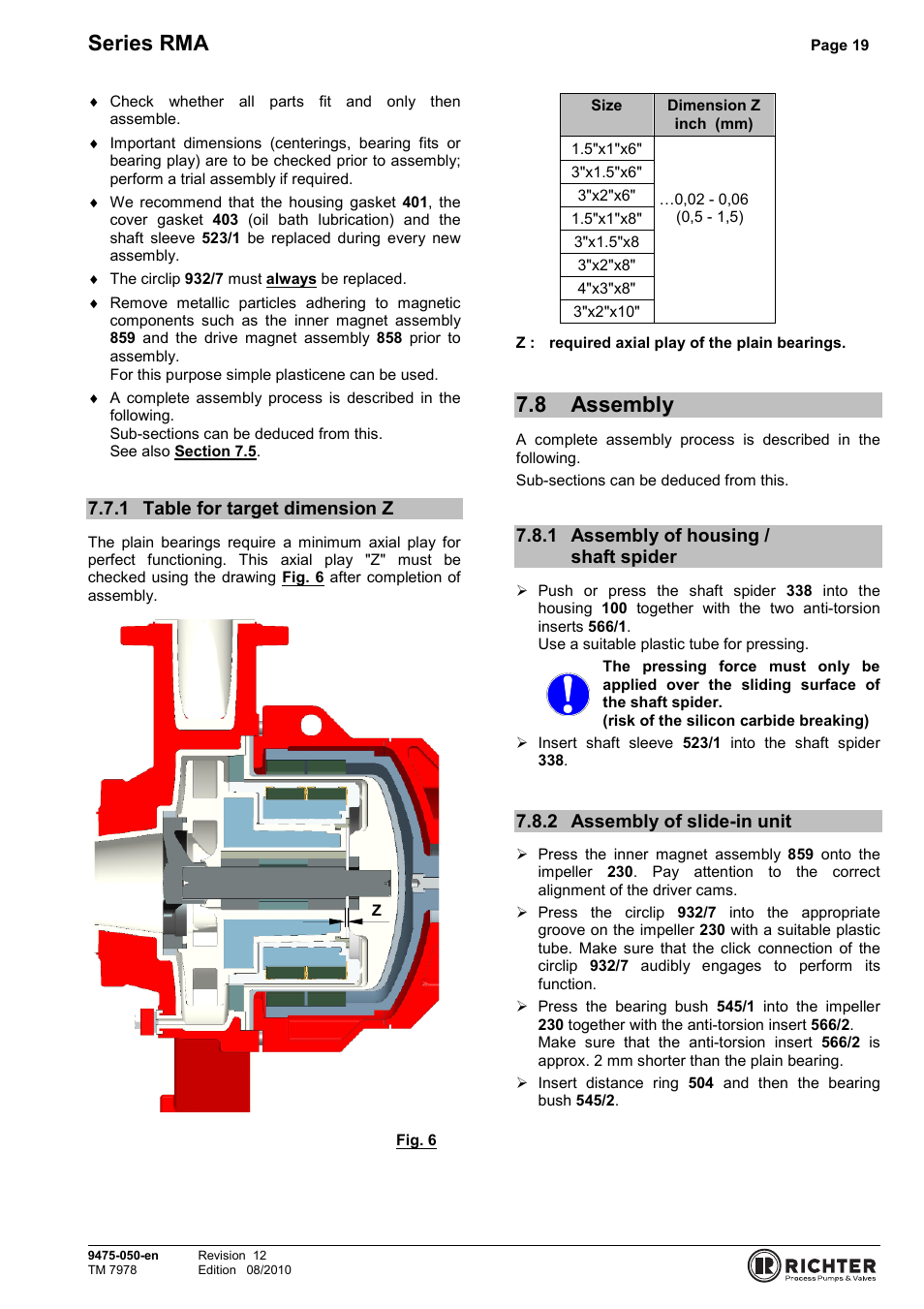 1 table for target dimension z, 8 assembly, 1 assembly of housing / shaft spider | 2 assembly of slide-in unit, Table for target dimension z, Assembly, Assembly of housing / shaft spider, Assembly of slide-in unit, Series rma | Richter RMA Series User Manual | Page 19 / 32