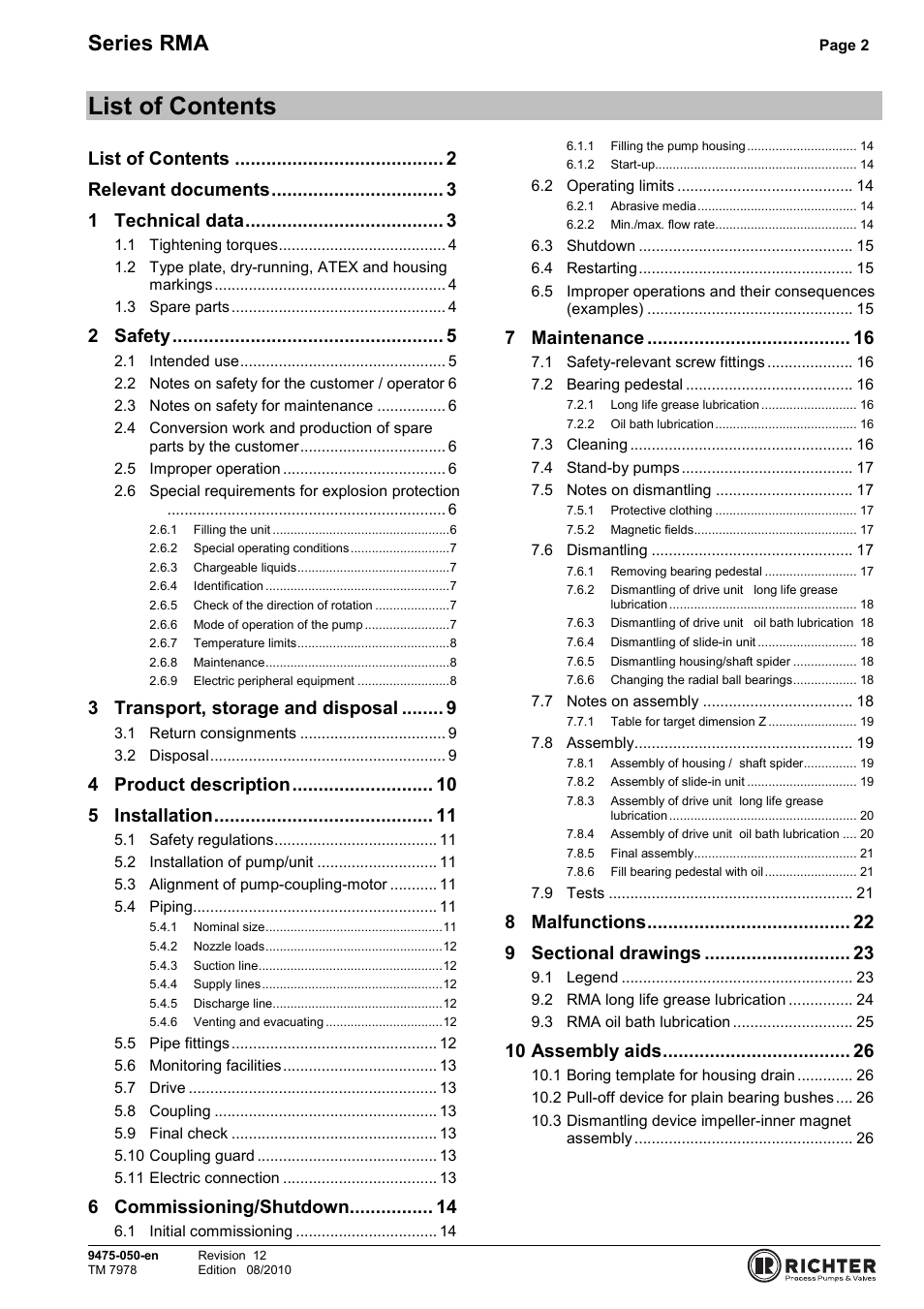 List of contents, Series rma, Relevant documents | 1 technical data, 2 safety, 3 transport, storage and disposal, 4 product description, 5 installation, 6 commissioning/shutdown, 7 maintenance | Richter RMA Series User Manual | Page 2 / 32