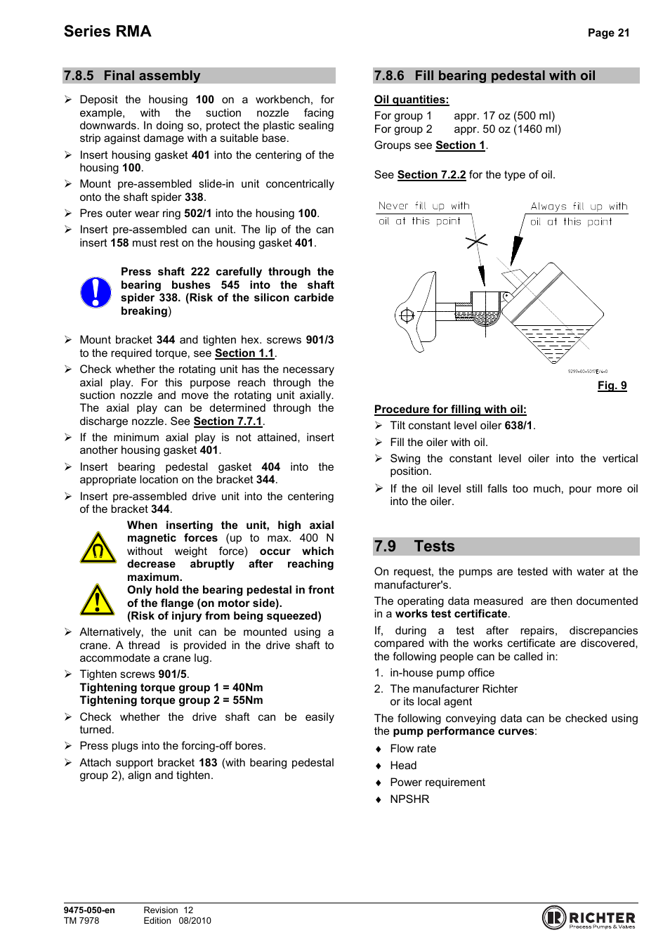 5 final assembly, 6 fill bearing pedestal with oil, 9 tests | Final assembly, Fill bearing pedestal with oil, Tests, Series rma | Richter RMA Series User Manual | Page 21 / 32