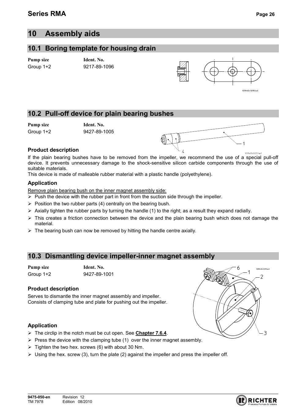 10 assembly aids, 1 boring template for housing drain, 2 pull-off device for plain bearing bushes | Assembly aids, Boring template for housing drain, Pull-off device for plain bearing bushes, Assembly, Series rma | Richter RMA Series User Manual | Page 26 / 32