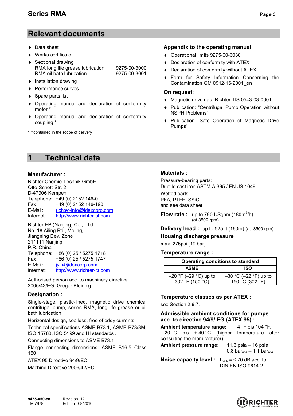 Relevant documents, 1 technical data, 1technical data | Series rma | Richter RMA Series User Manual | Page 3 / 32