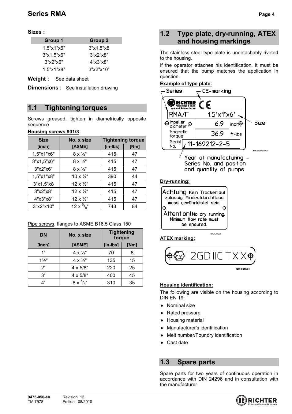 1 tightening torques, 3 spare parts, Tightening torques | Markings, Spare parts, Series rma | Richter RMA Series User Manual | Page 4 / 32