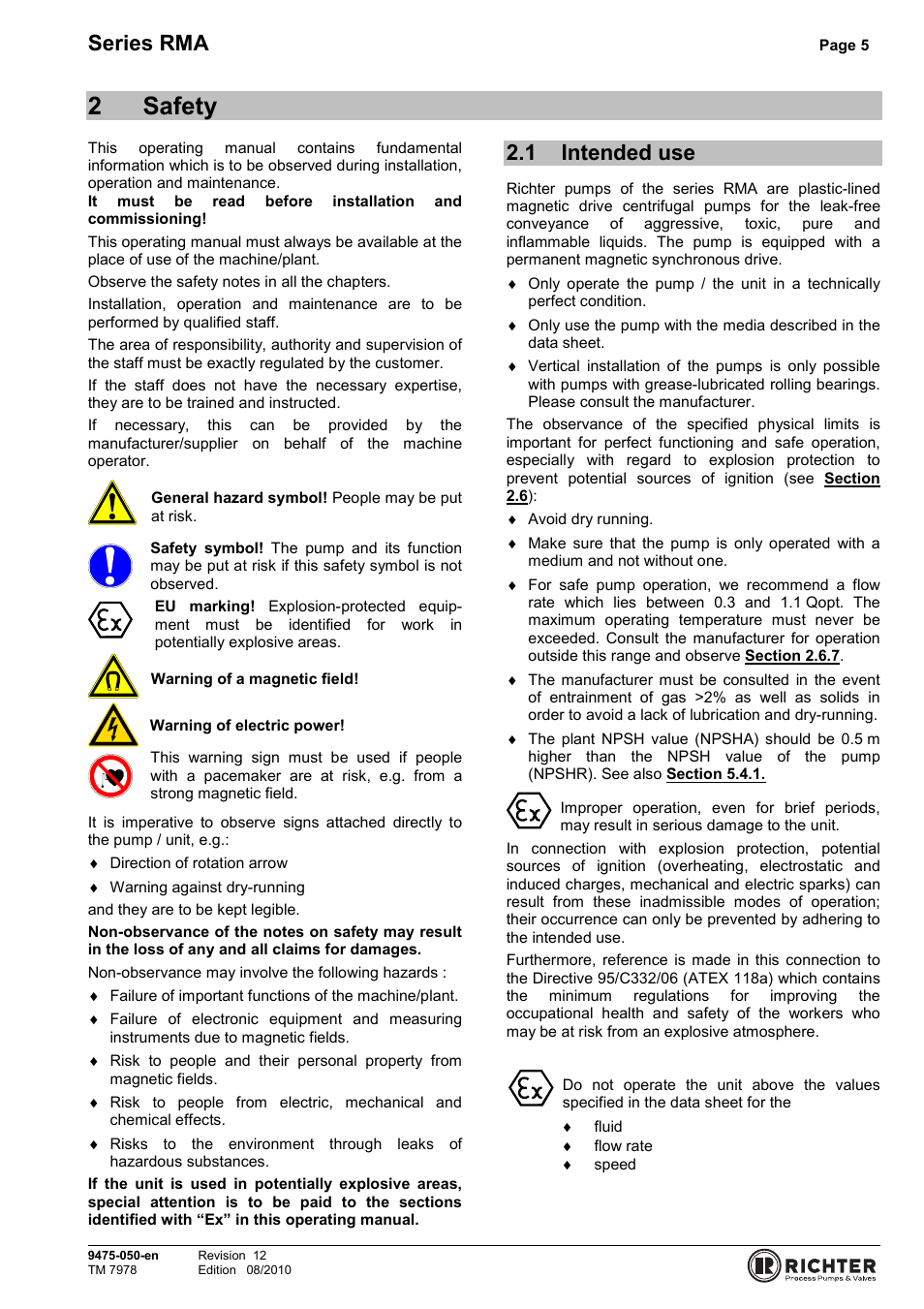 2 safety, 1 intended use, Intended use | 2safety, Series rma | Richter RMA Series User Manual | Page 5 / 32