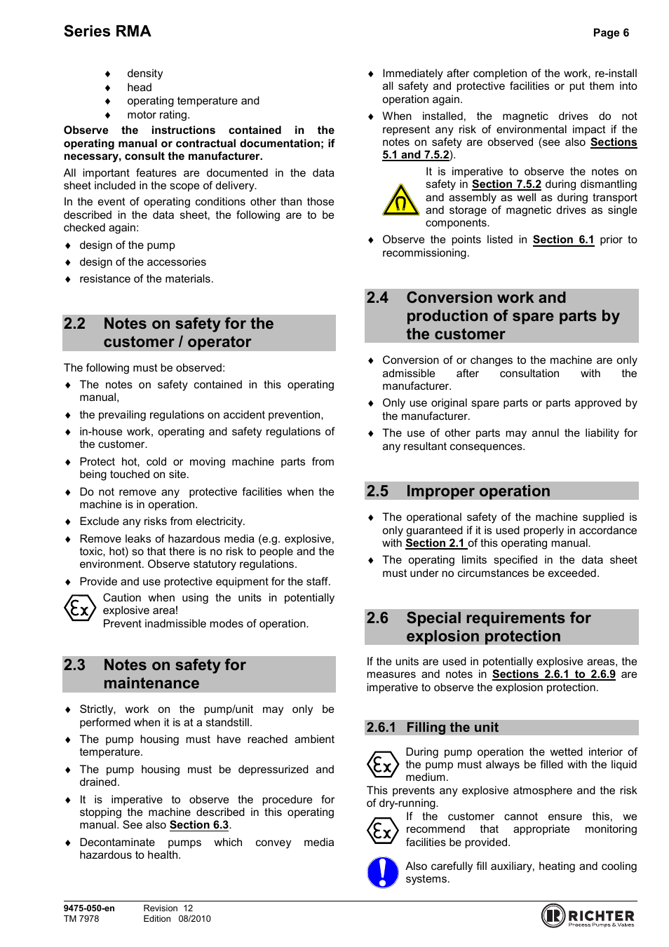 2 notes on safety for the customer / operator, 3 notes on safety for maintenance, 5 improper operation | 6 special requirements for explosion protection, 1 filling the unit, Notes on safety for the customer / operator 6, Notes on safety for maintenance, Parts by the customer, Improper operation, Filling the unit | Richter RMA Series User Manual | Page 6 / 32