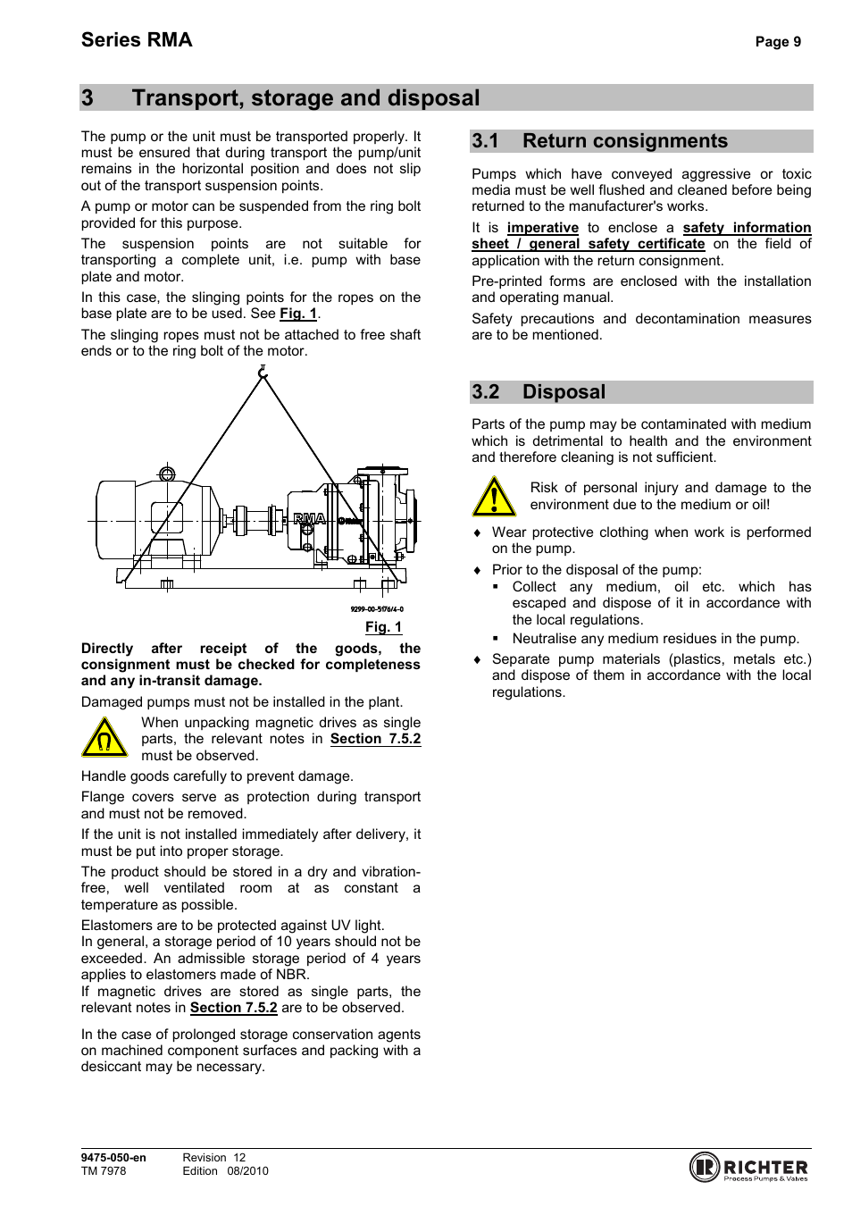 3 transport, storage and disposal, 1 return consignments, 2 disposal | Return consignments, Disposal, 3transport, storage and disposal, Series rma | Richter RMA Series User Manual | Page 9 / 32