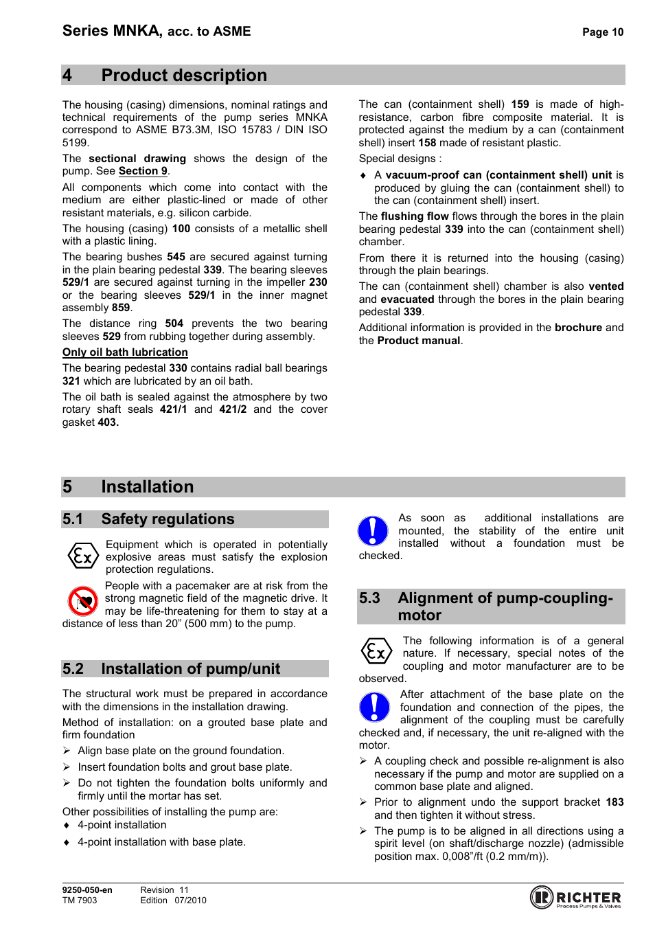 4 product description, 5 installation, 1 safety regulations | 2 installation of pump/unit, 3 alignment of pump-coupling-motor, Product description, Installation, Safety regulations, Installation of pump/unit, Alignment of pump-coupling-motor | Richter MNKA Series (ASME) User Manual | Page 10 / 30