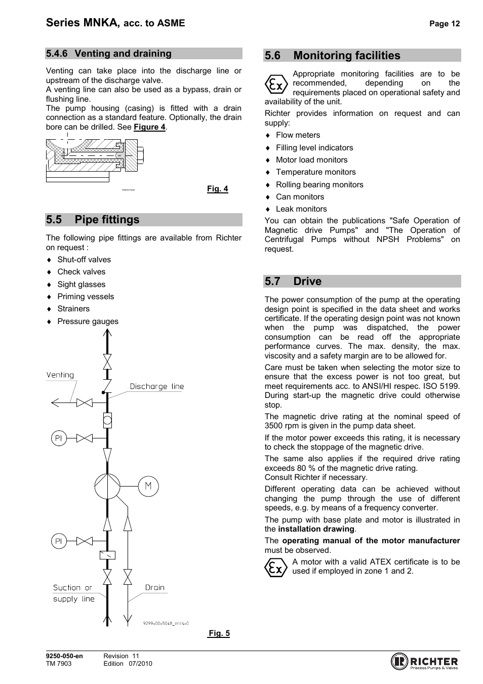 6 venting and draining, 5 pipe fittings, 6 monitoring facilities | 7 drive, Venting and draining, Pipe fittings, Monitoring facilities, Drive, Series mnka | Richter MNKA Series (ASME) User Manual | Page 12 / 30