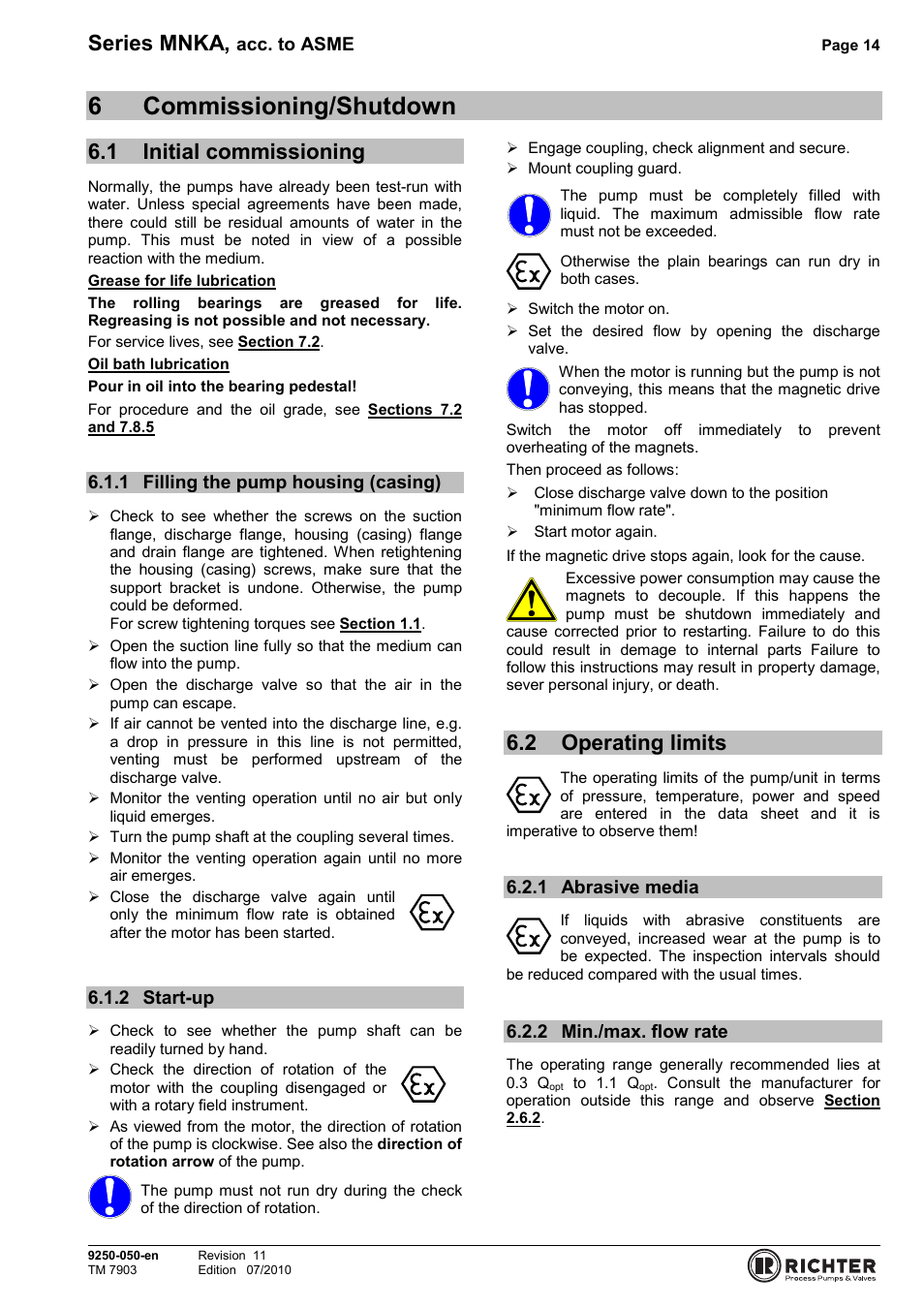 6 commissioning/shutdown, 1 initial commissioning, 1 filling the pump housing (casing) | 2 start-up, 2 operating limits, 1 abrasive media, 2 min./max. flow rate, Commissioning/shutdown, Initial commissioning, Filling the pump housing (casing) | Richter MNKA Series (ASME) User Manual | Page 14 / 30