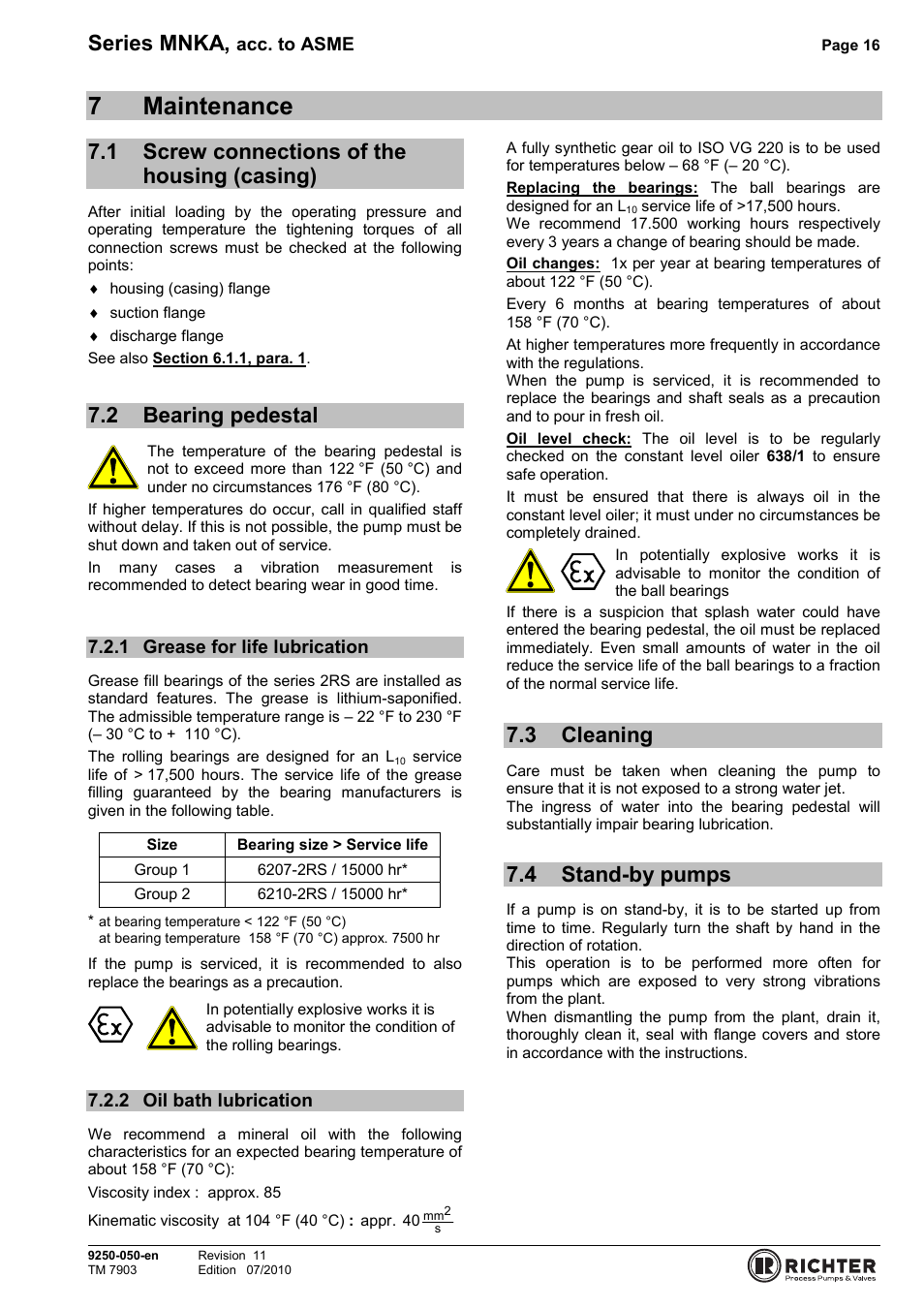 7 maintenance, 1 screw connections of the housing (casing), 2 bearing pedestal | 1 grease for life lubrication, 2 oil bath lubrication, 3 cleaning, 4 stand-by pumps, Maintenance, Screw connections of the housing (casing)16, Bearing pedestal | Richter MNKA Series (ASME) User Manual | Page 16 / 30