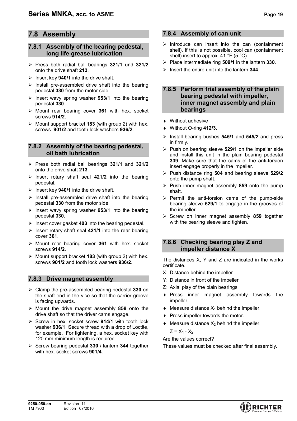 8 assembly, 3 drive magnet assembly, 4 assembly of can unit | 6 checking bearing play z and impeller distance x, Assembly, Grease lubrication, Lubrication, Drive magnet assembly, Assembly of can unit, And plain bearings | Richter MNKA Series (ASME) User Manual | Page 19 / 30